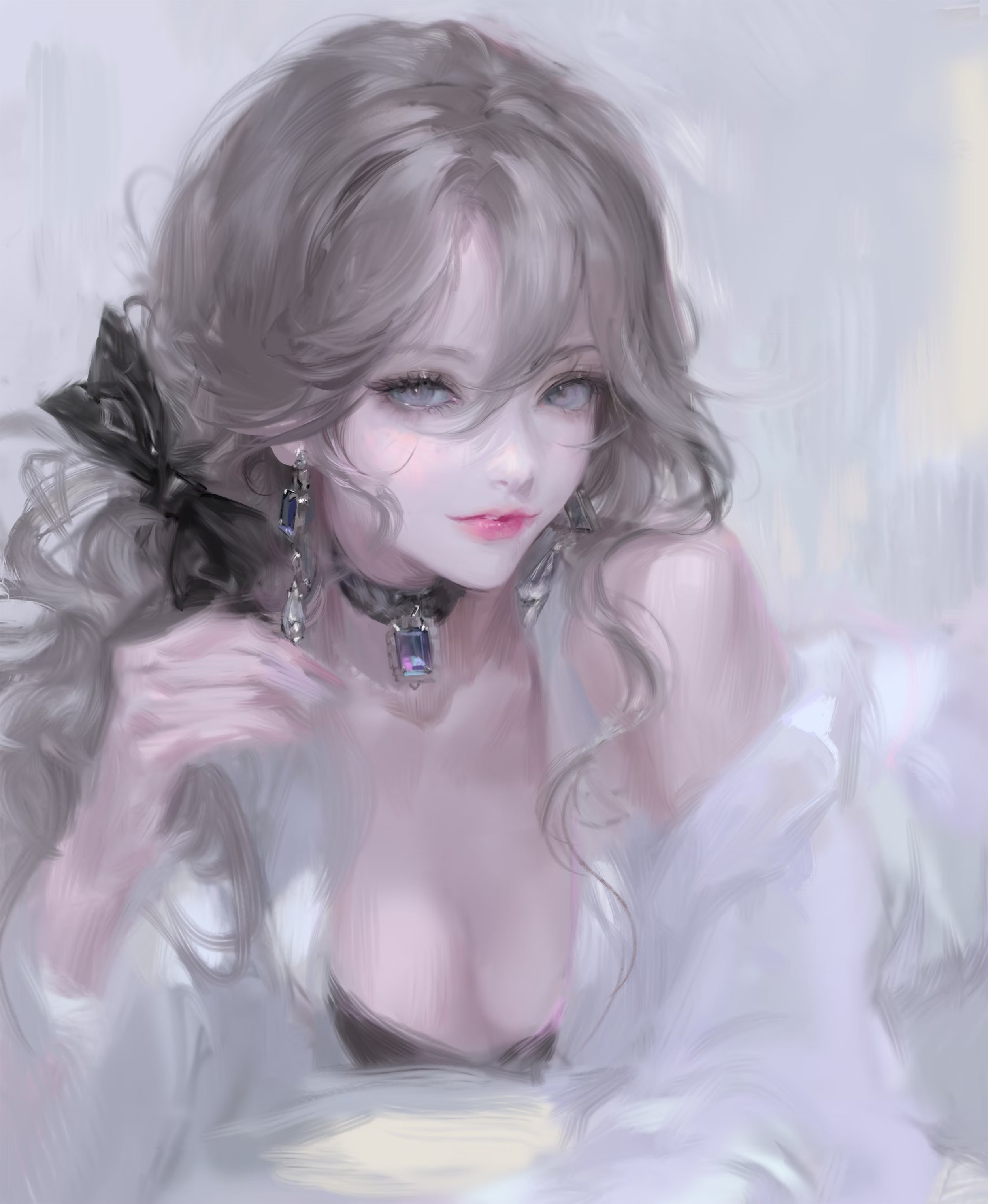 Artwork of a woman with a black bow and jewelry HD Phone Wallpaper
