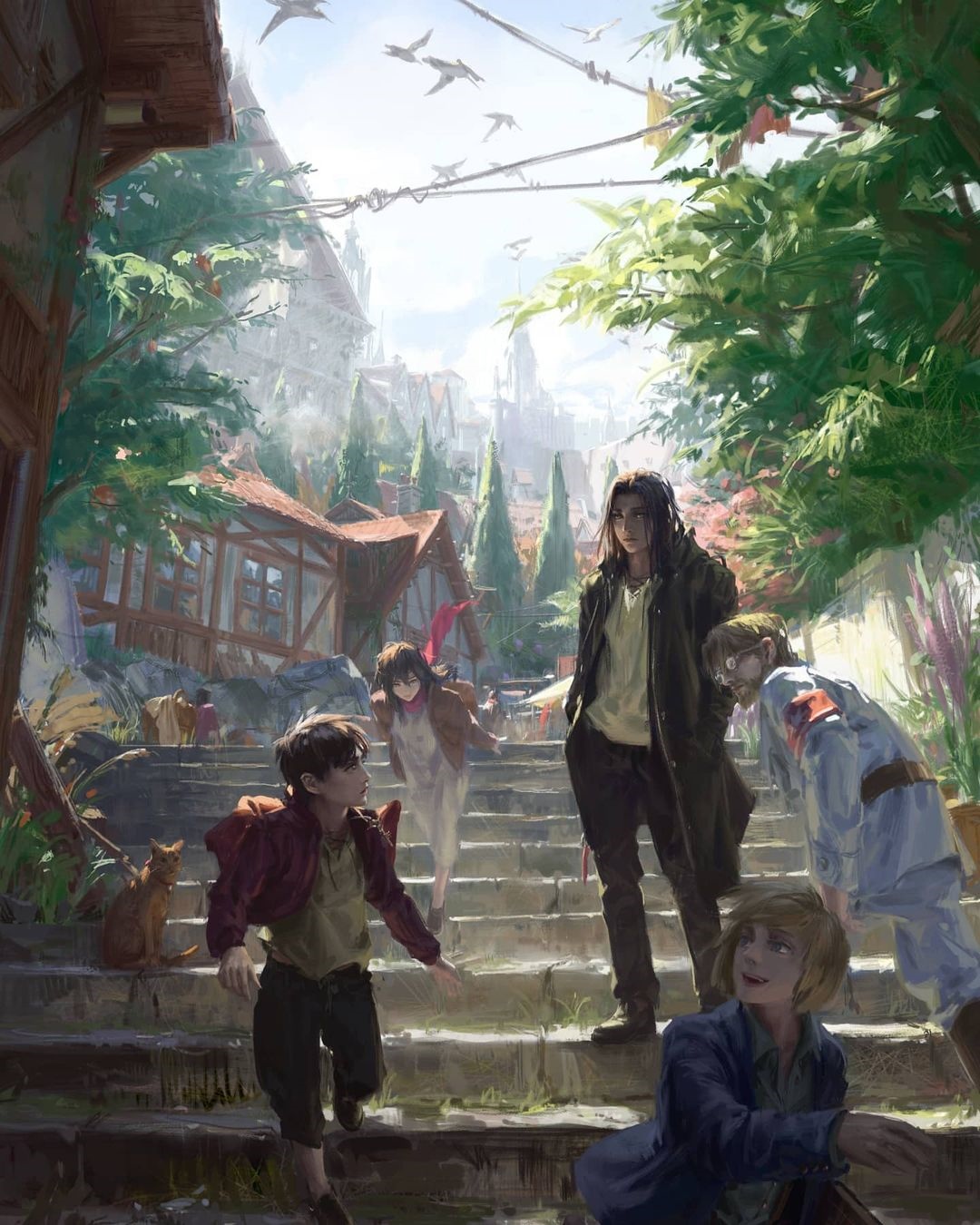 Attack on Titan characters on stairs in a town HD Phone Wallpaper