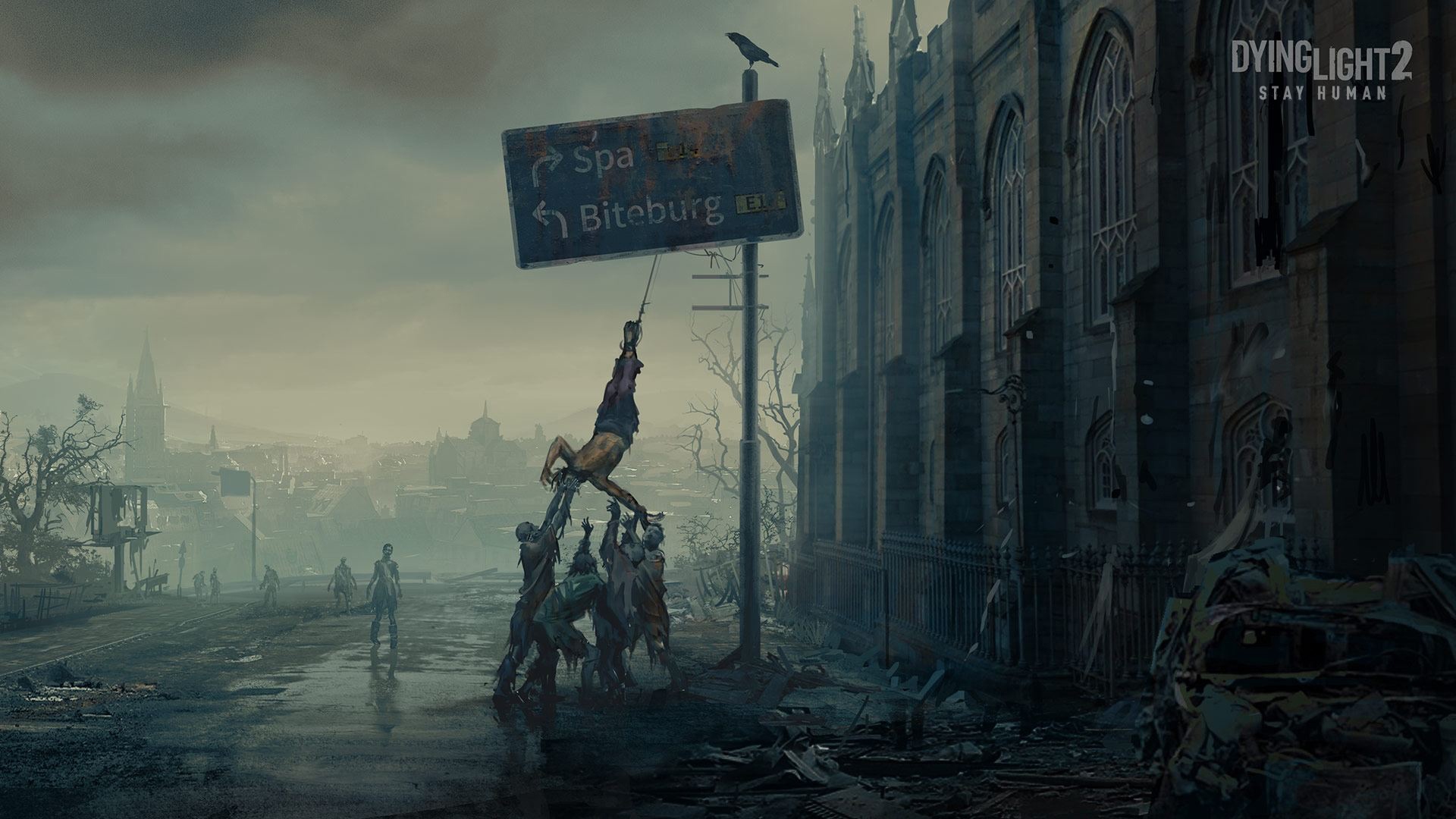 Dying Light 2 Stay Human zombies and signpost HD Wallpaper