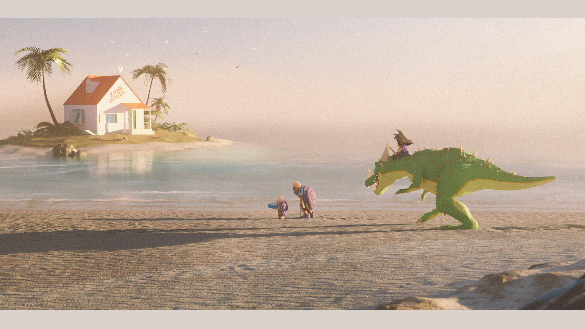 Dragon Ball characters at Kame House on a beach HD Wallpaper