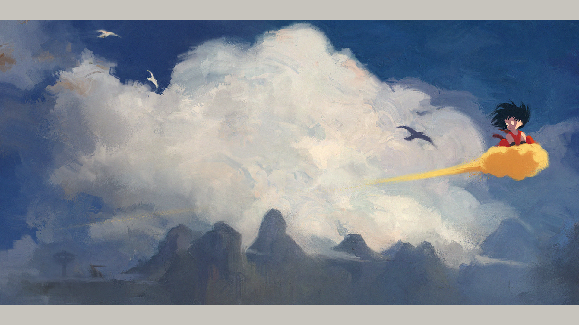Goku on Nimbus Cloud with Yellow Energy Blast HD Wallpaper