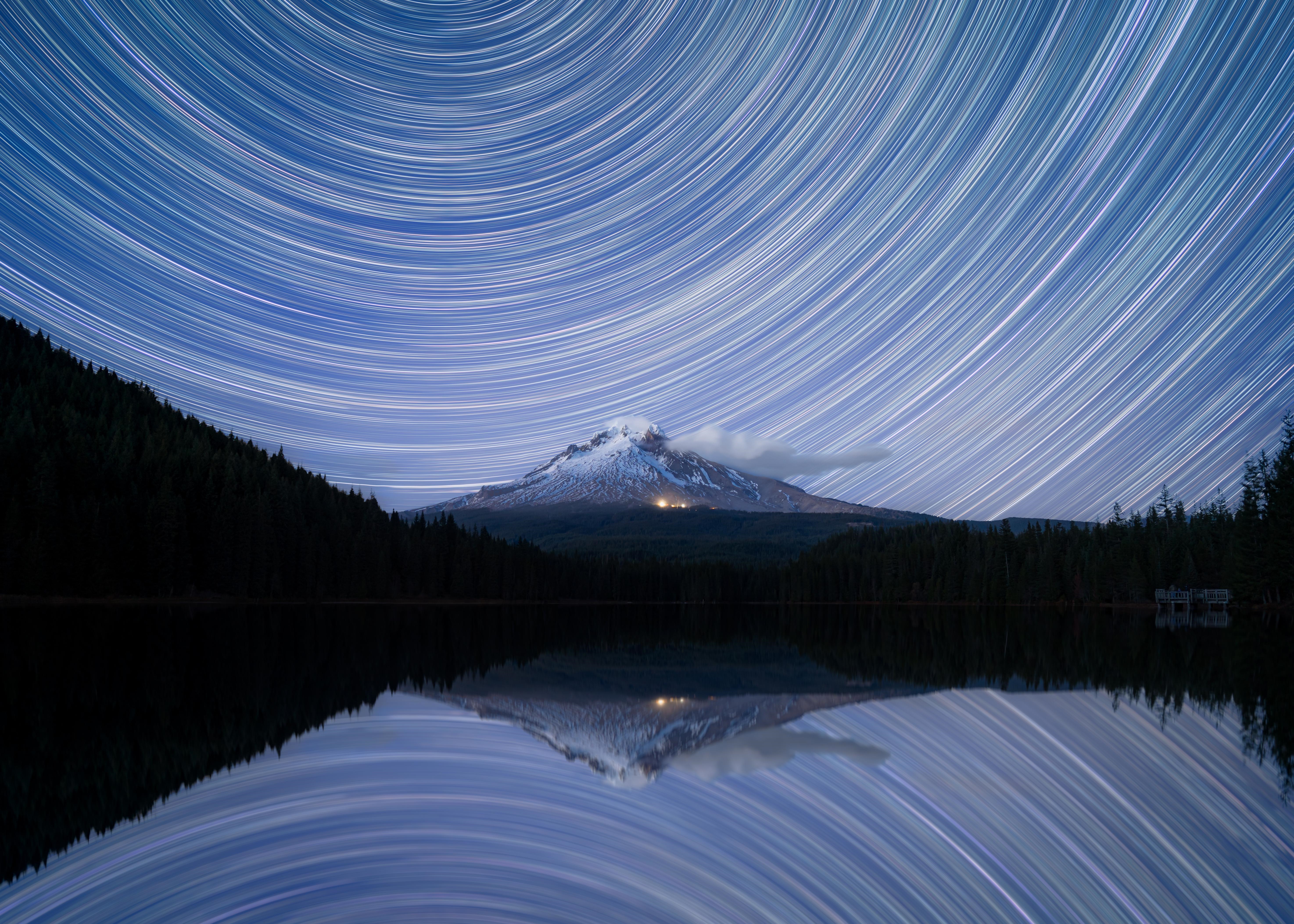 Mount Hood Star Trails Over Trillium Lake at Night HD Wallpaper
