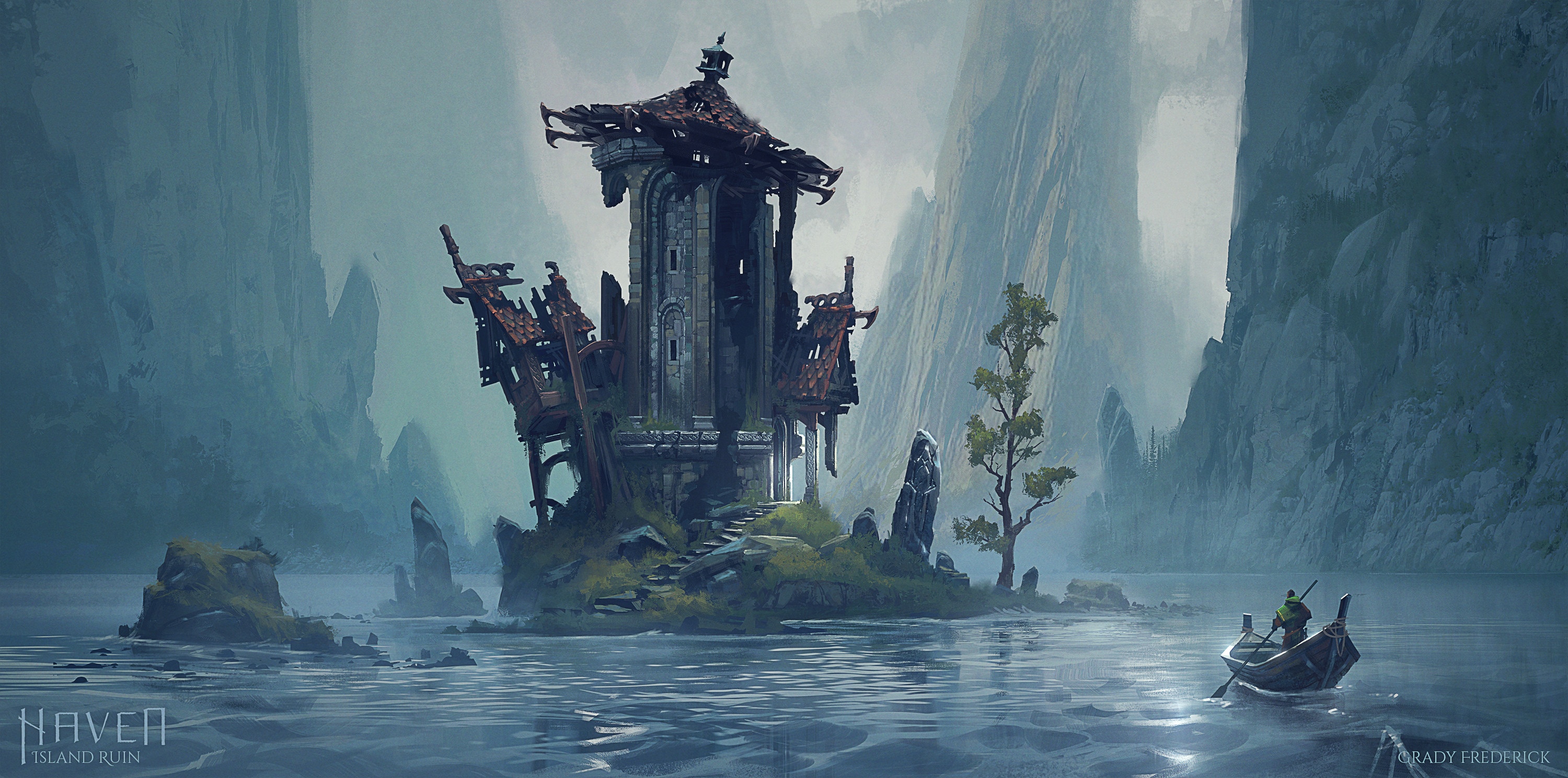 Naven Island Ruin with a lone boat HD Wallpaper