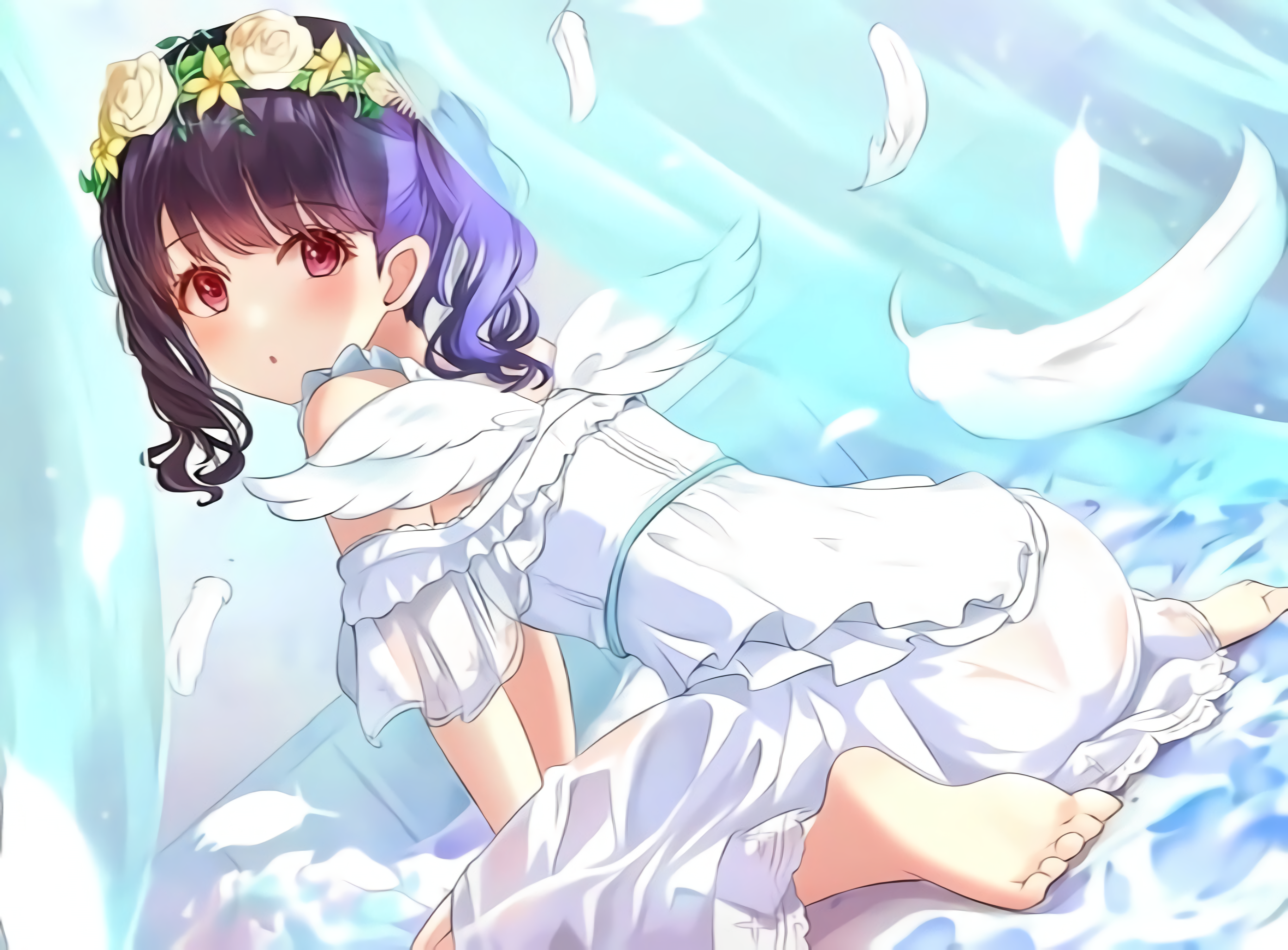 Anime girl with wings and flower crown HD Wallpaper