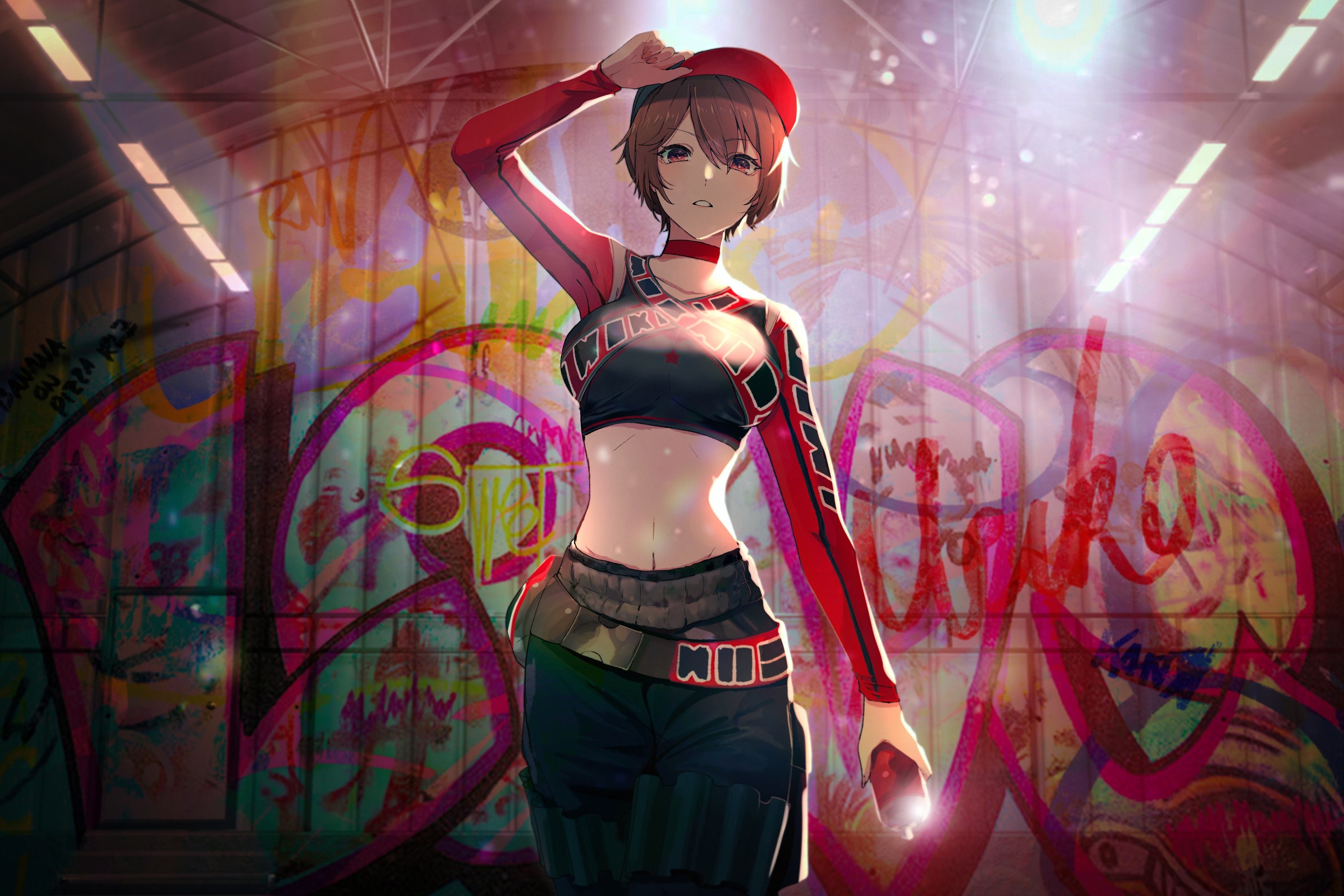 4K anime girl with hat and graffiti background HD Wallpaper