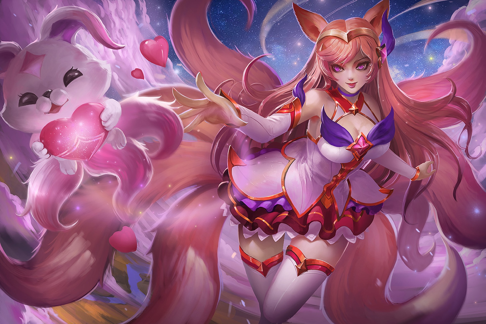 Ahri and a pink creature with hearts in League of Legends HD Wallpaper
