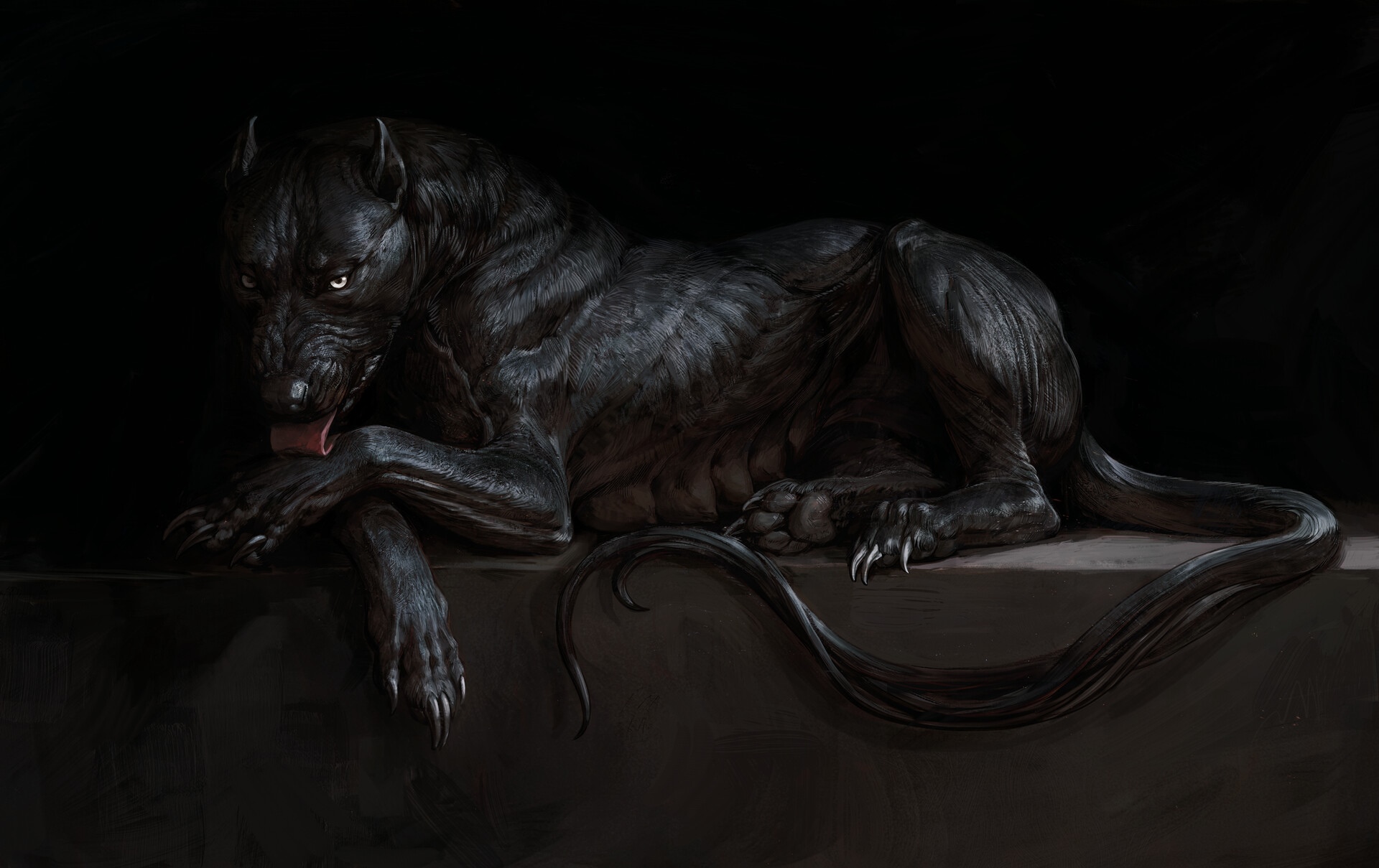 Fantasy creature with glowing eyes licking its paw HD Wallpaper