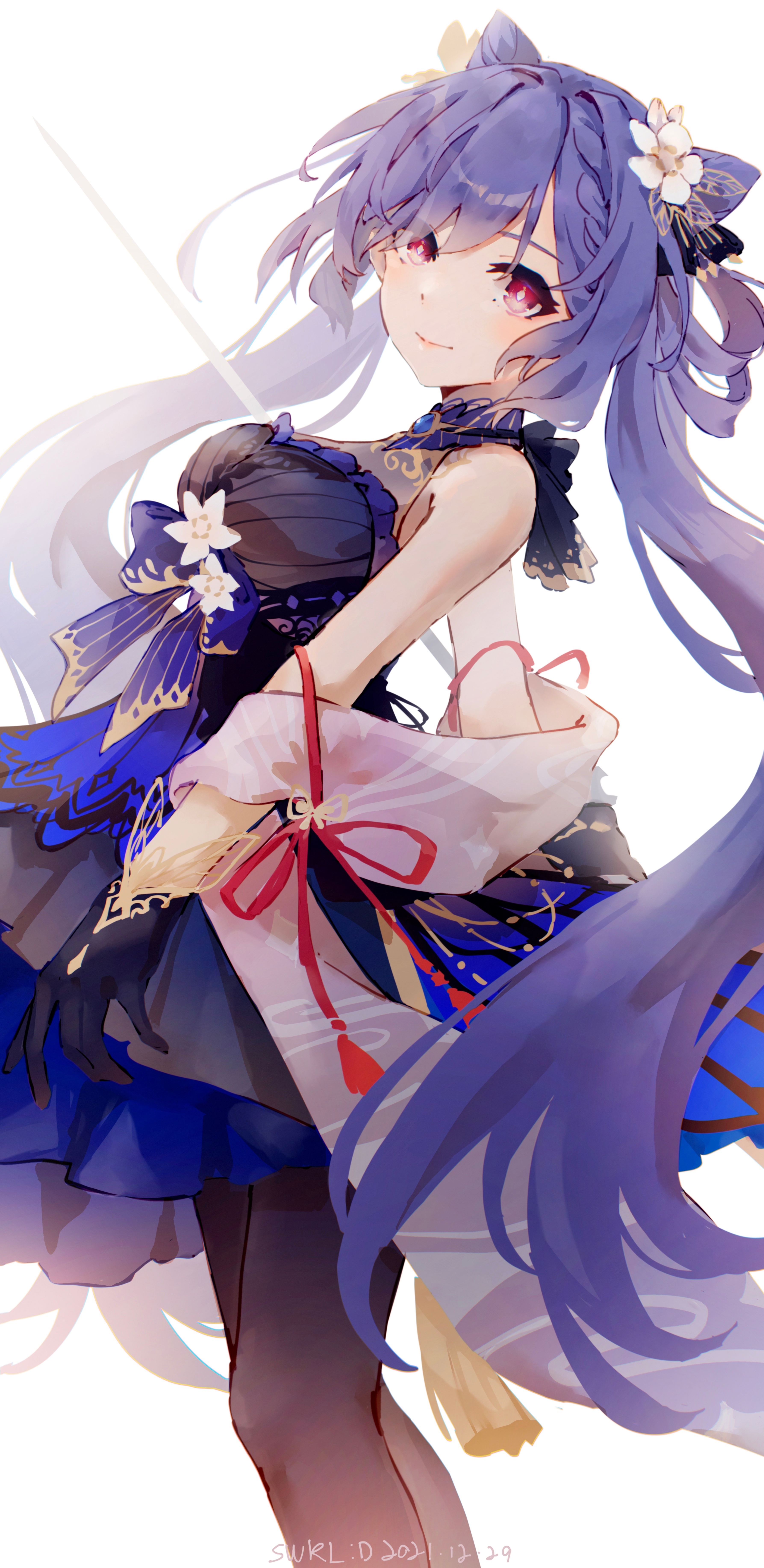 Keqing smiling with purple hair and blue dress HD Phone Wallpaper