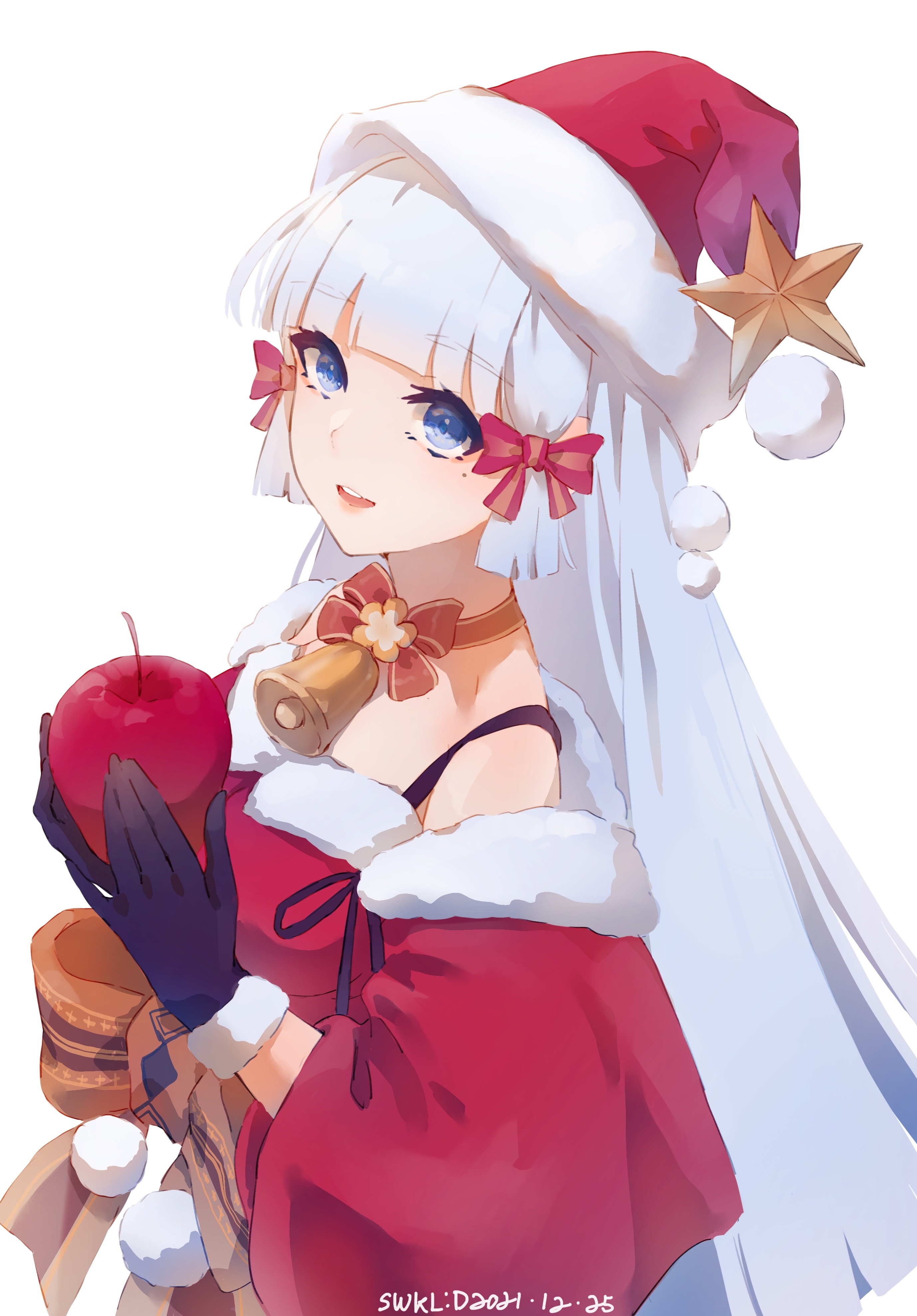 Kamisato Ayaka in Christmas Outfit Holding Apple HD Phone Wallpaper