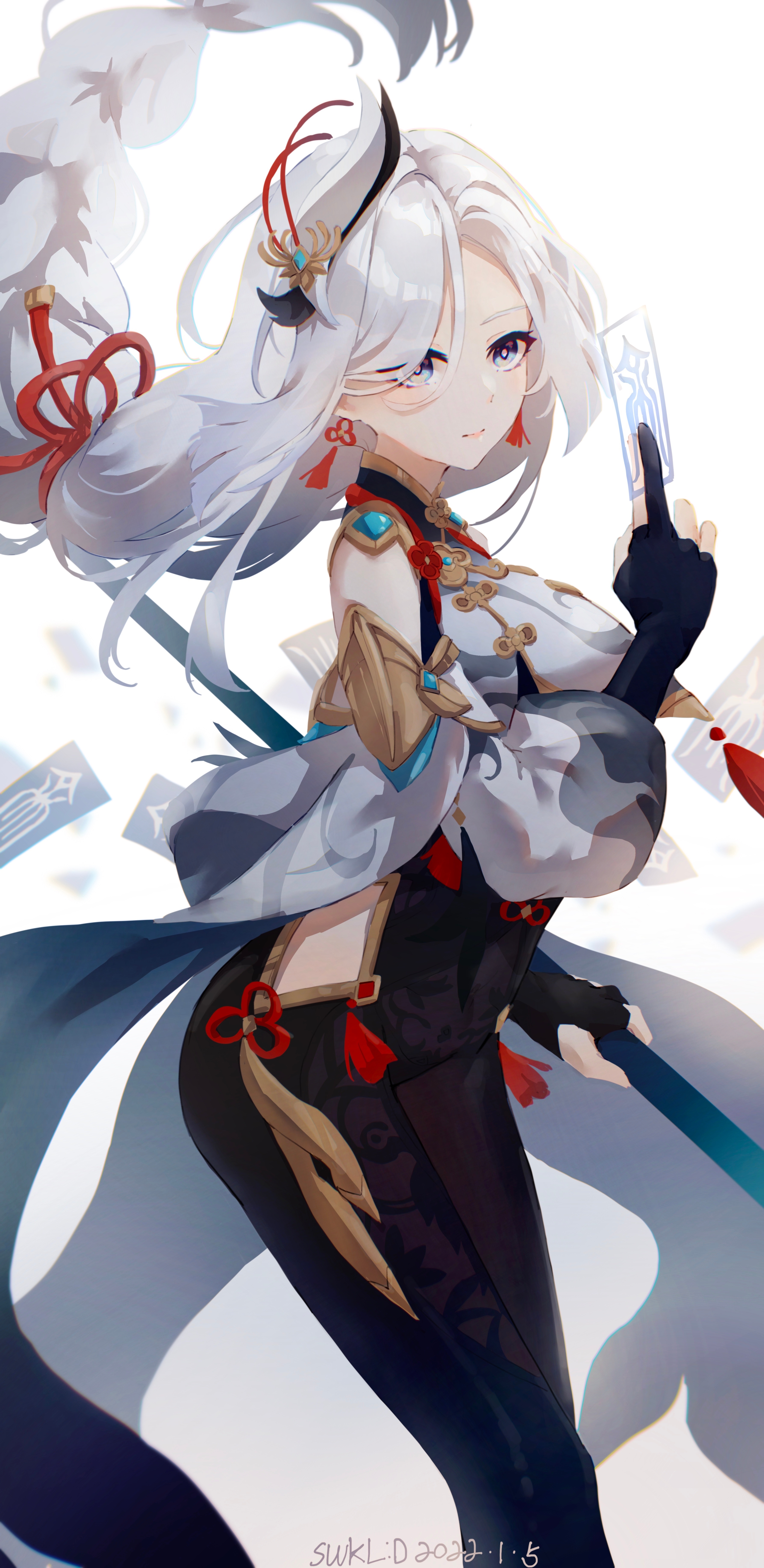 Shenhe from Genshin Impact holding a card HD Phone Wallpaper