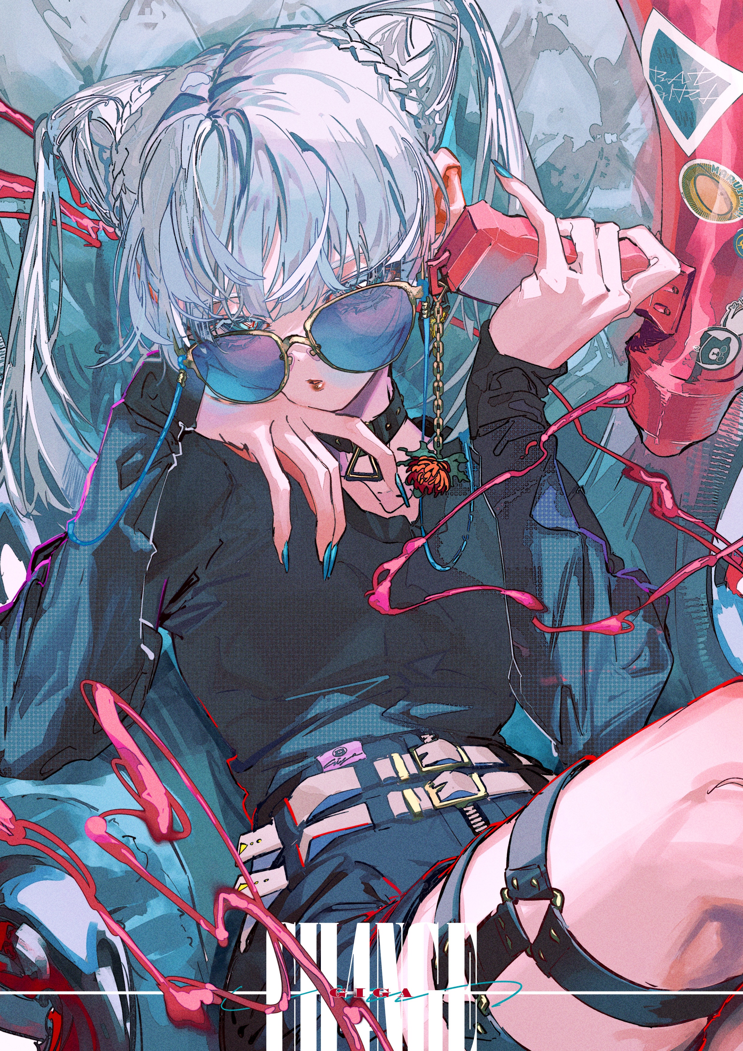 Woman with blue nails and sunglasses holding a red object HD Phone Wallpaper