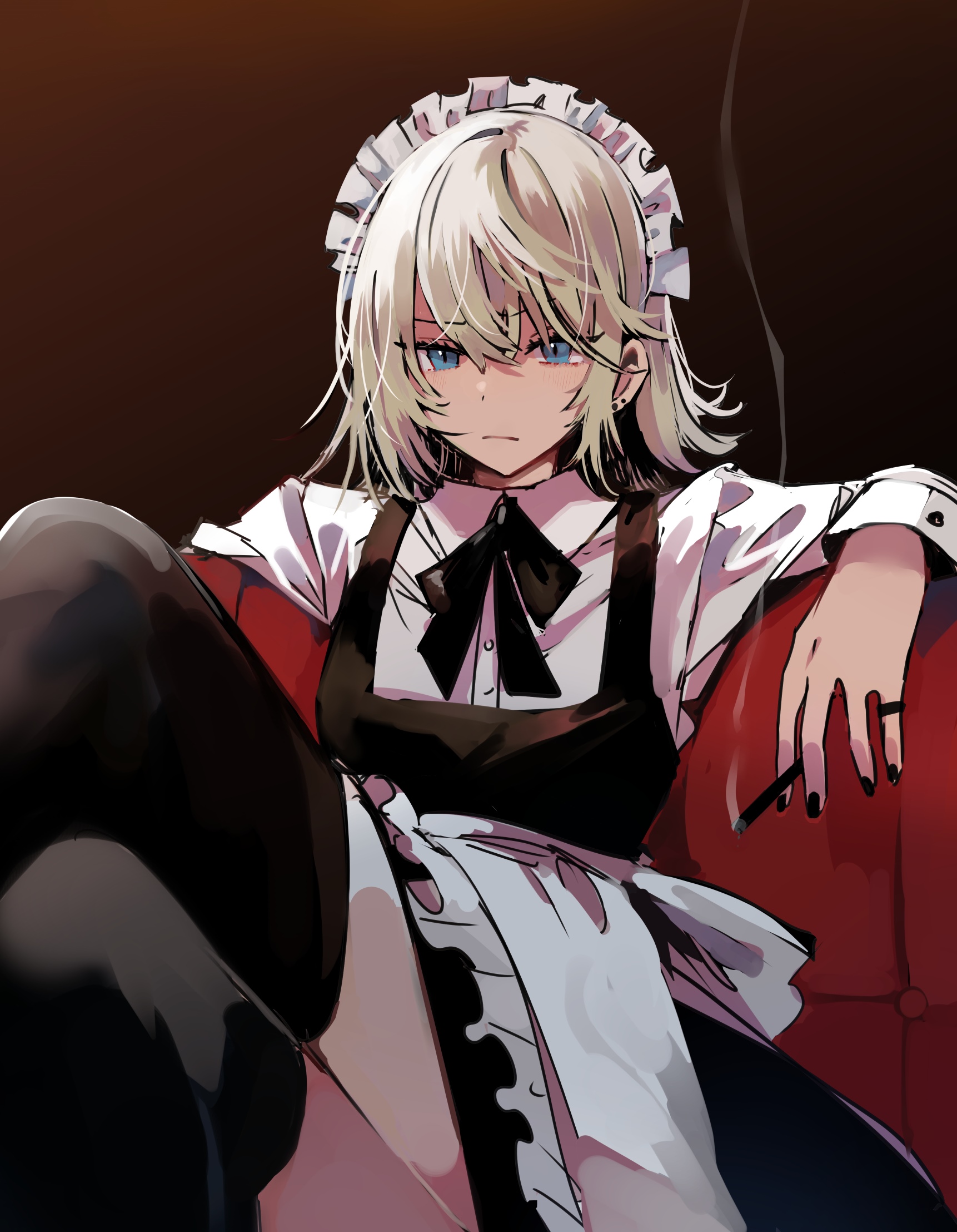 Woman in maid outfit smoking a cigar HD Phone Wallpaper