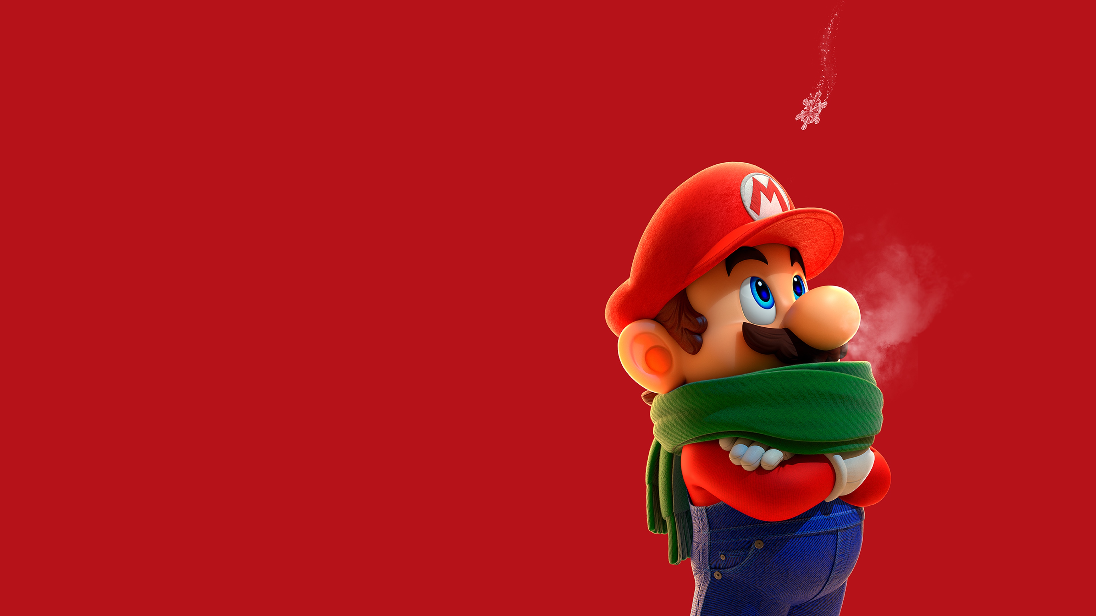4K Super Mario wearing a scarf with snowflakes HD Wallpaper