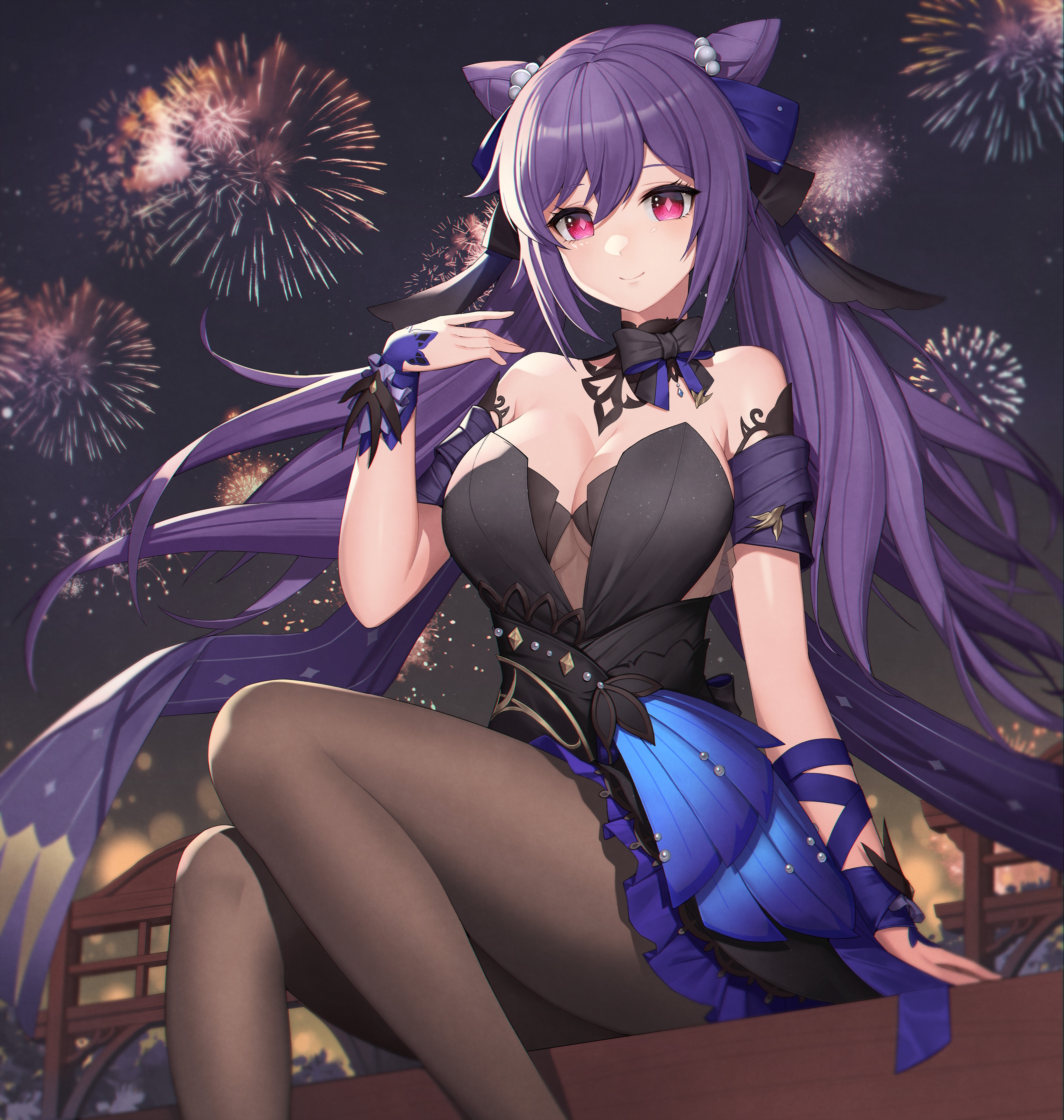 Keqing from Genshin Impact with fireworks HD Wallpaper