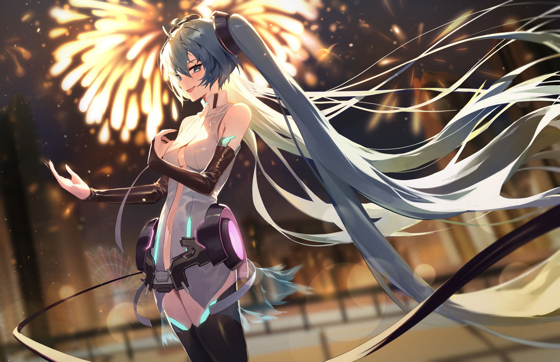 Hatsune Miku in a futuristic outfit with fireworks HD Wallpaper