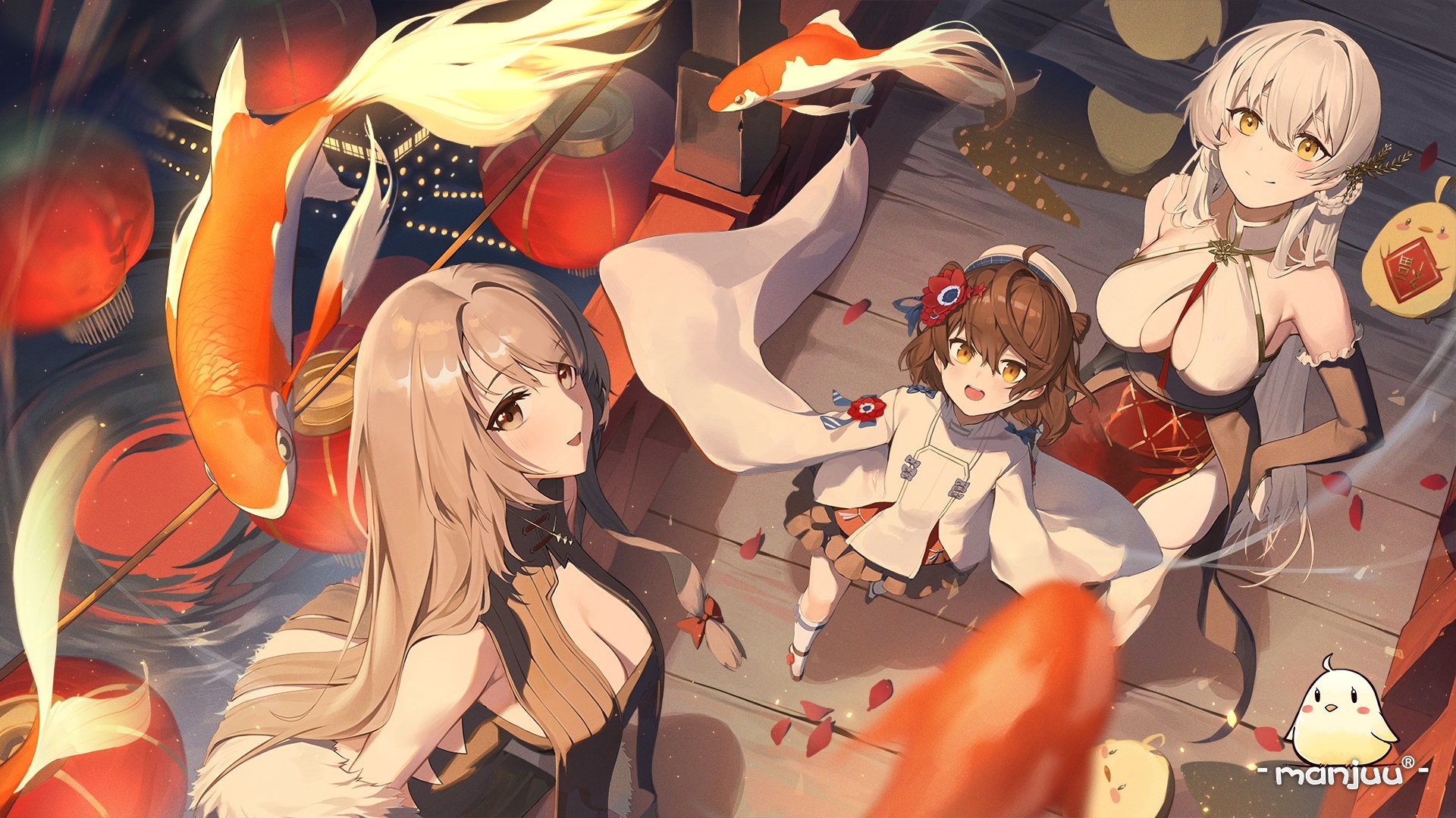 Azur Lane: Charybdis, Hermione, and a girl with koi HD Wallpaper