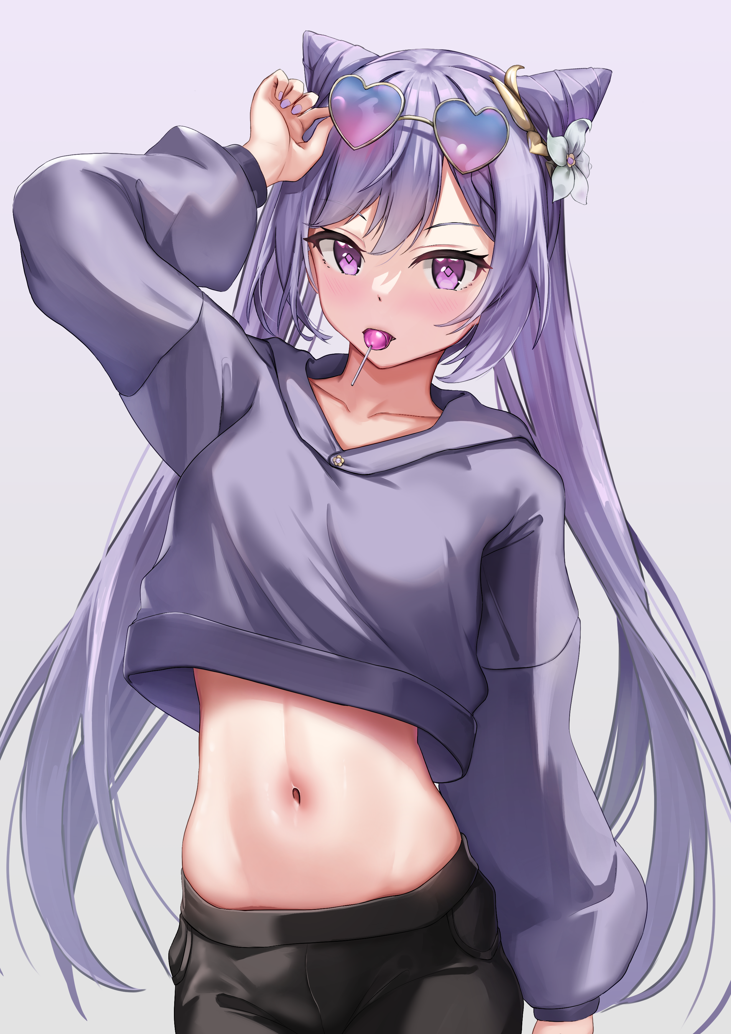 Keqing from Genshin Impact with heart-shaped glasses and lollipop HD Phone Wallpaper