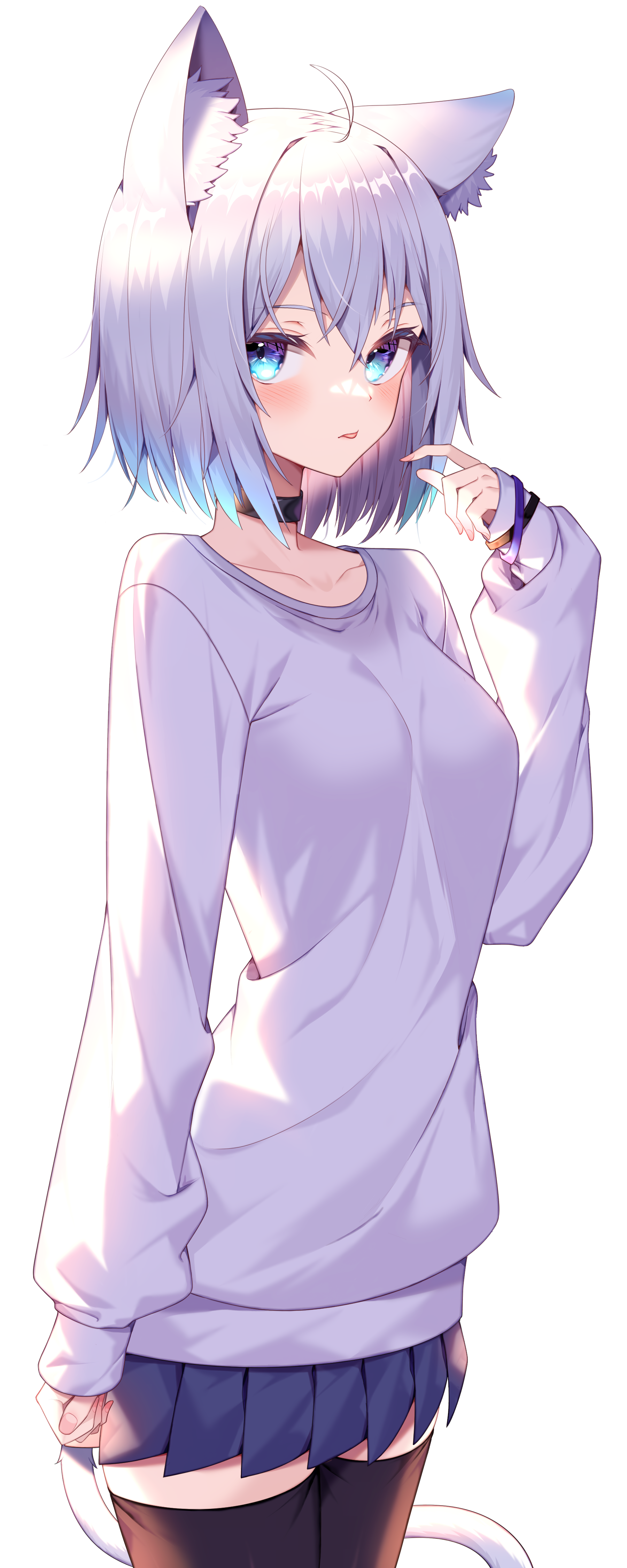 Cat girl with silver hair and blue eyes HD Phone Wallpaper