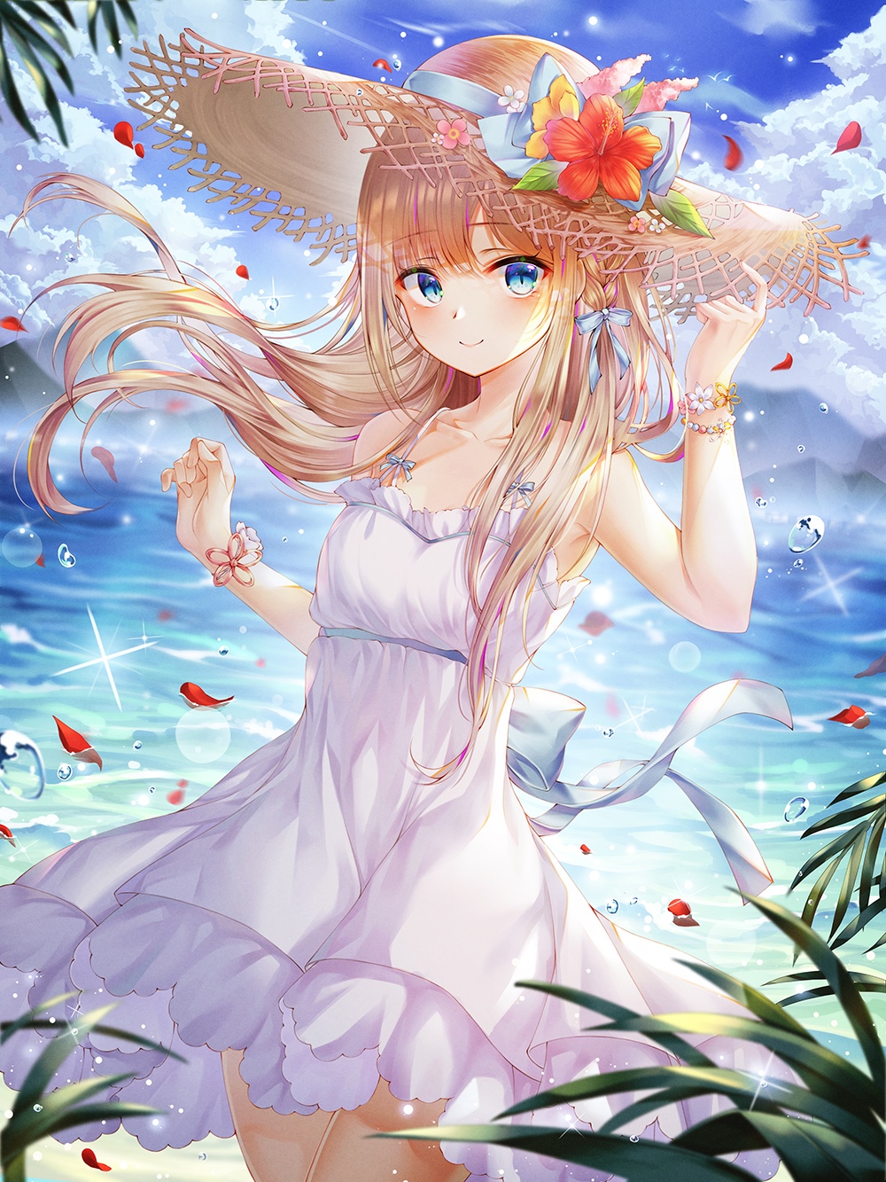Girl in a sun dress and straw hat at the beach HD Phone Wallpaper