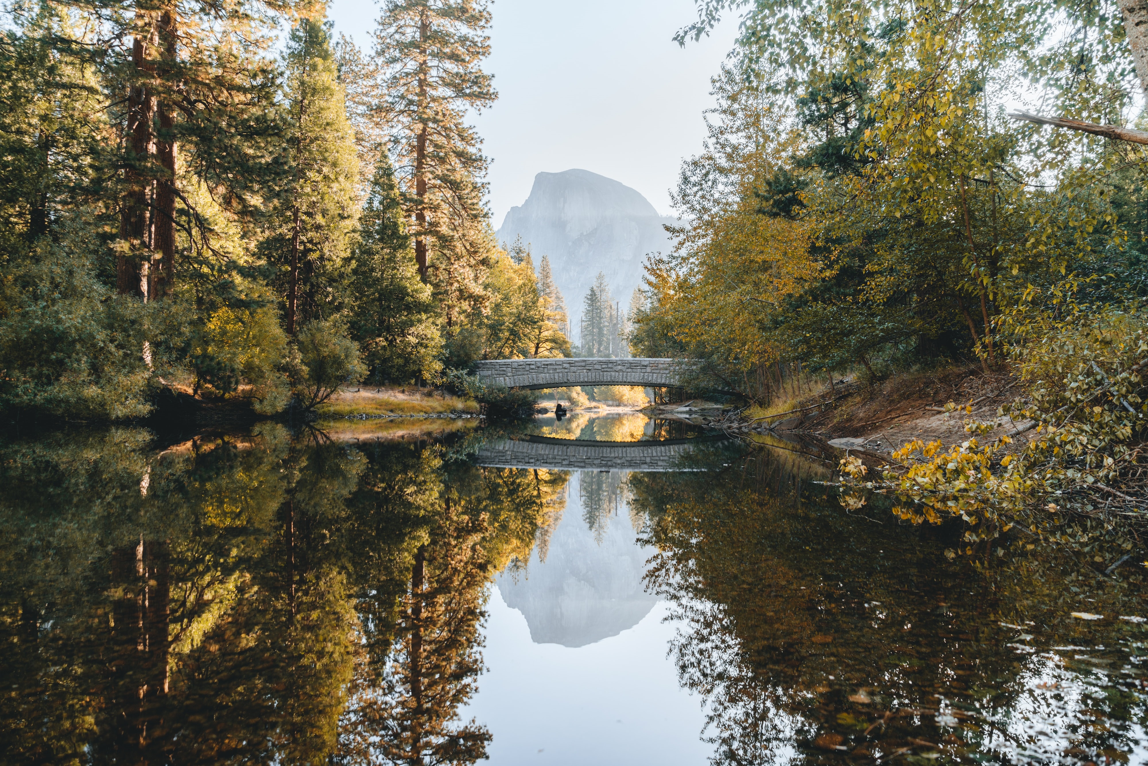 Yosemite National Park bridge reflection in water HD Wallpaper