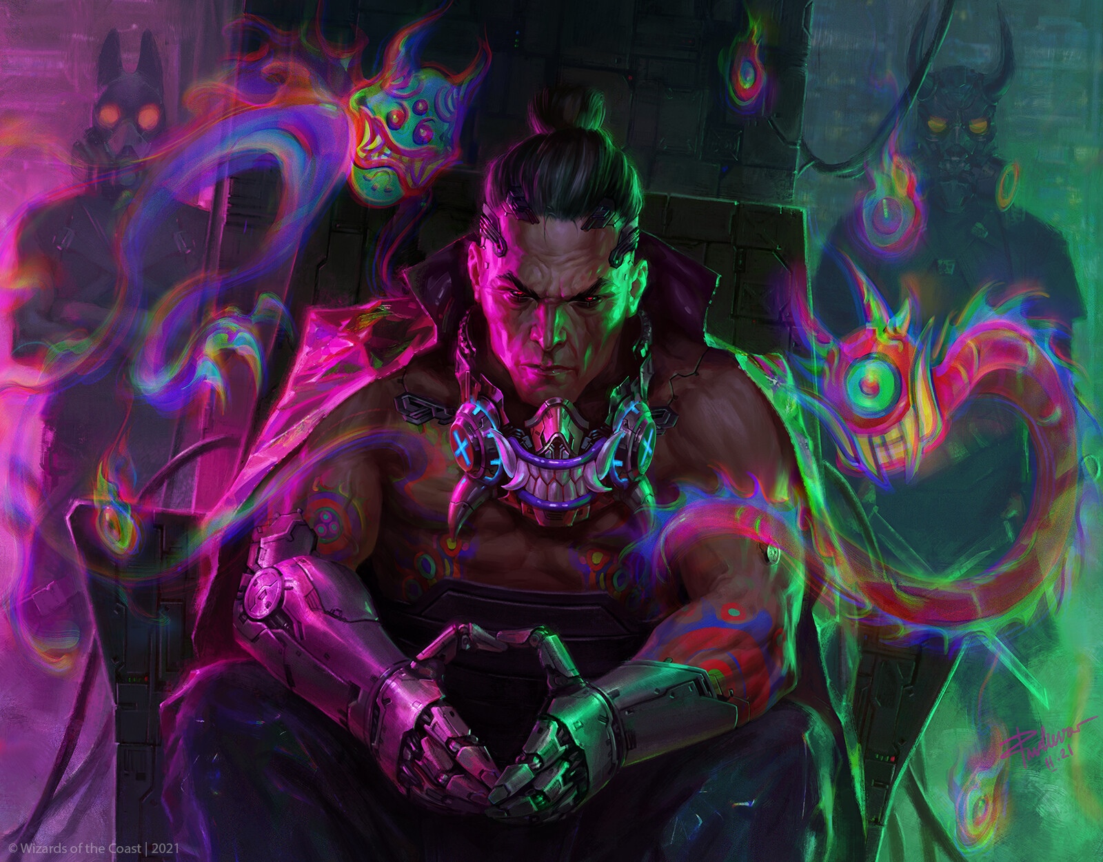 Magic: The Gathering Character with Cybernetic Arm and Spirits HD Wallpaper