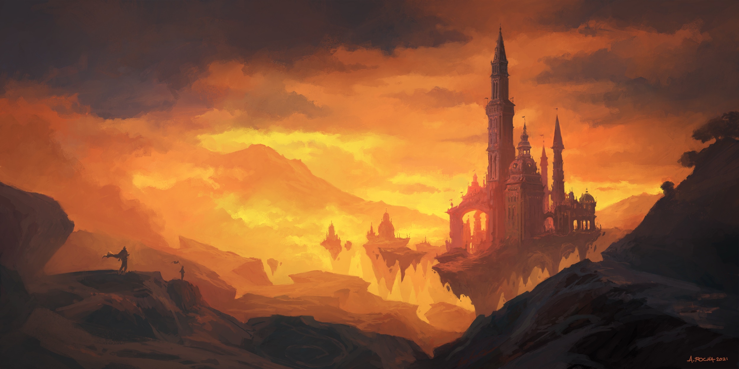 Fantasy castle on floating islands by Andreas Rocha HD Wallpaper