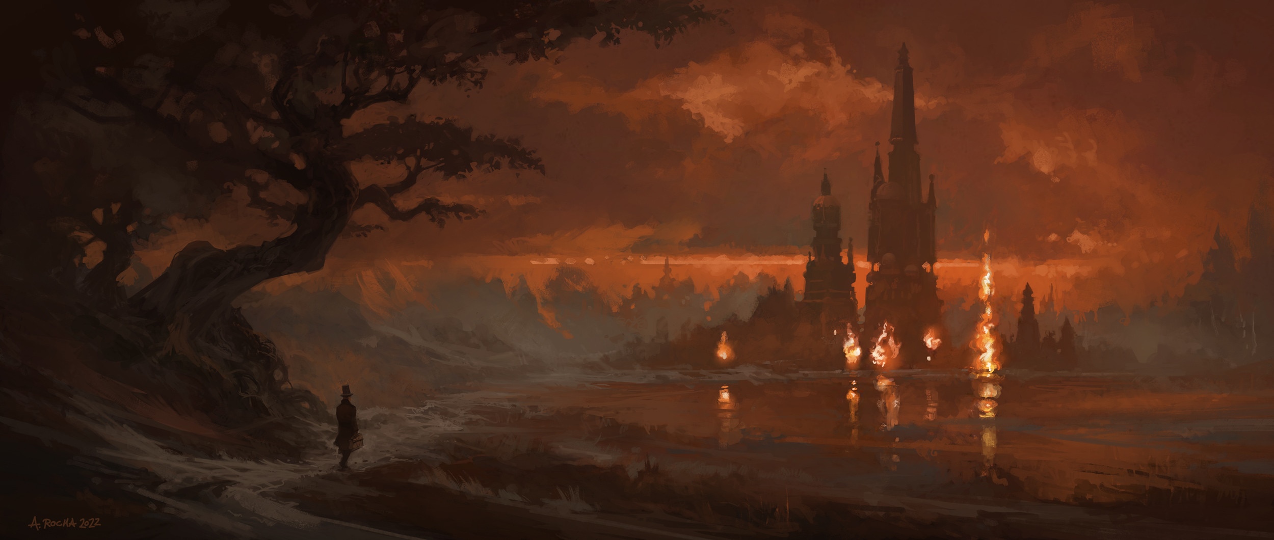 Fantasy landscape with castle and lone figure by Andreas Rocha HD Wallpaper