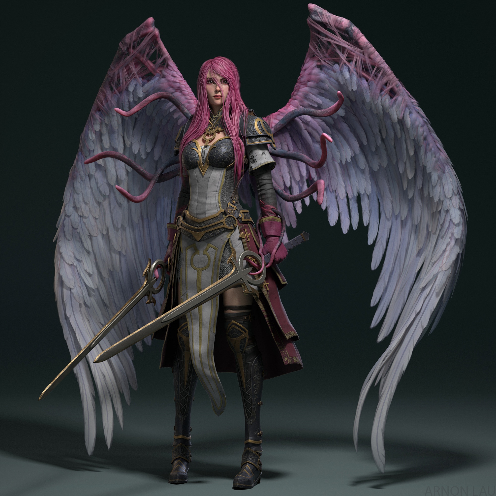 Fantasy woman with pink hair and large wings holding swords HD Wallpaper