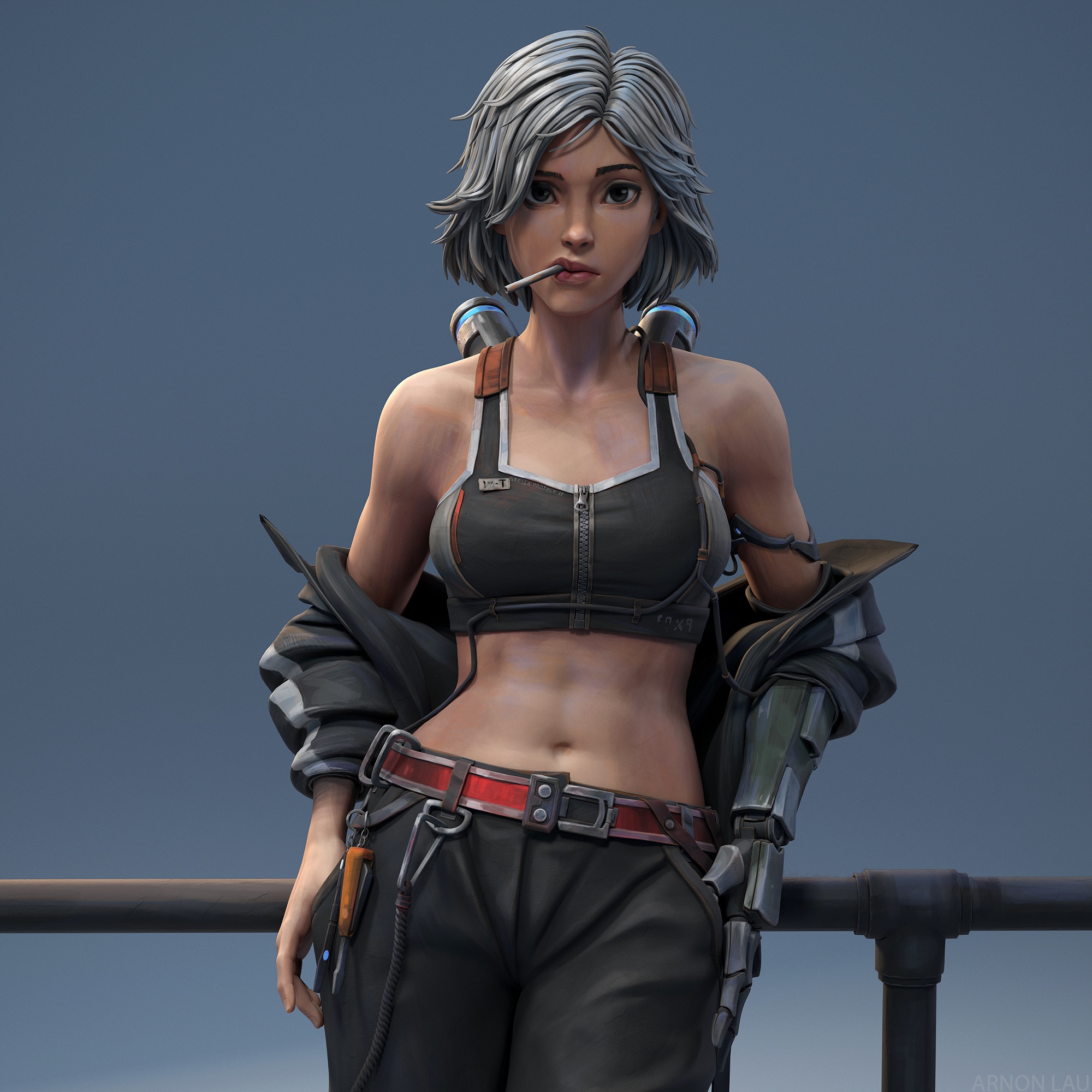 Cyborg woman with short white hair smoking a cigarette HD Wallpaper