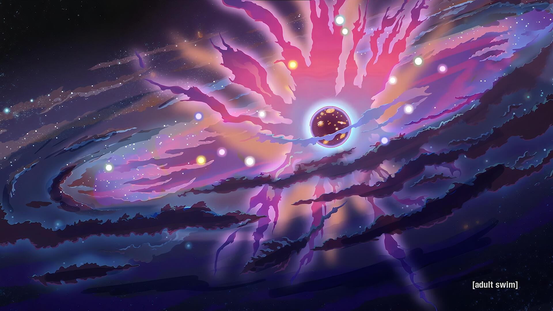 Rick and Morty galaxy with a planet HD Wallpaper
