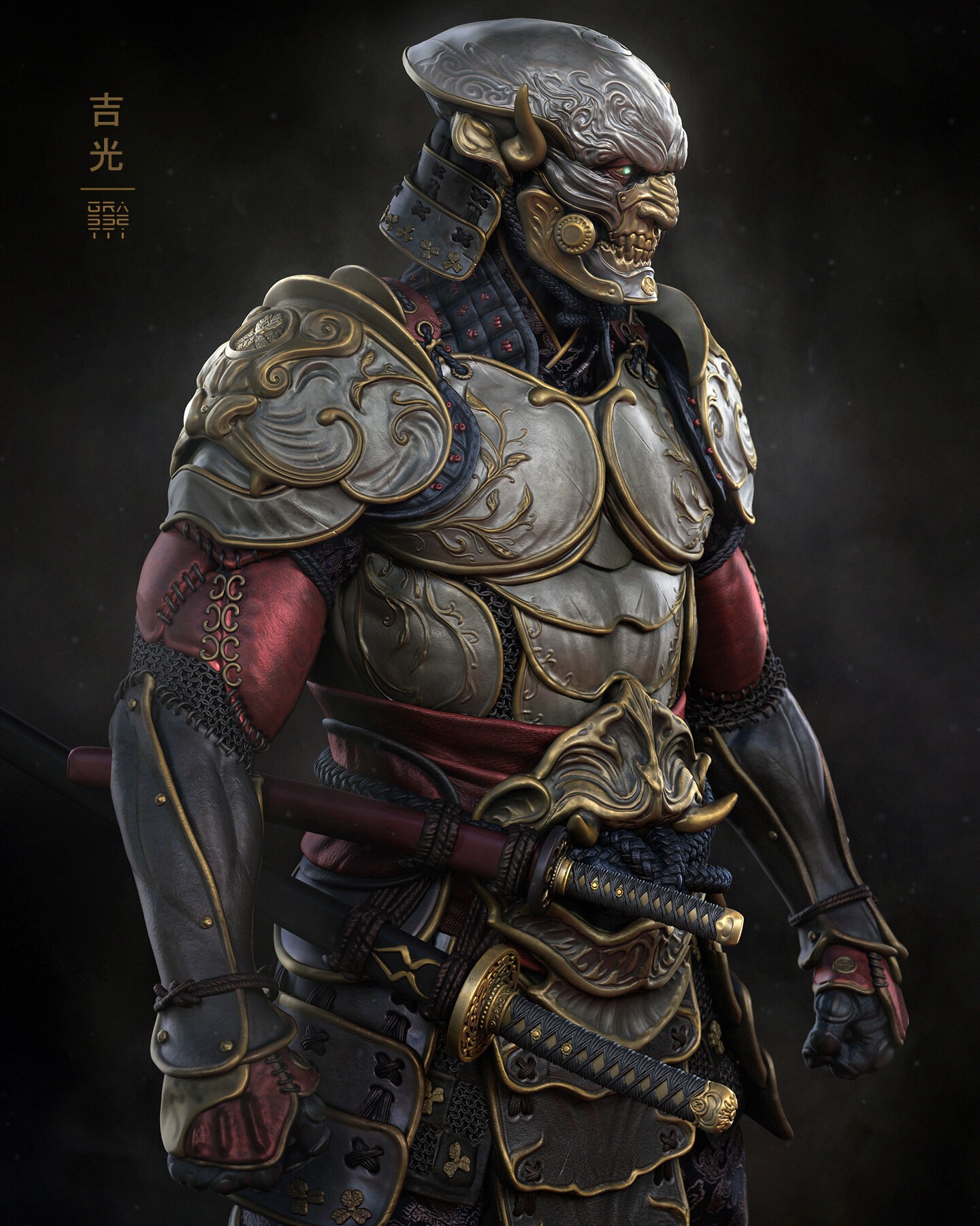 Samurai warrior in ornate armor with swords HD Phone Wallpaper
