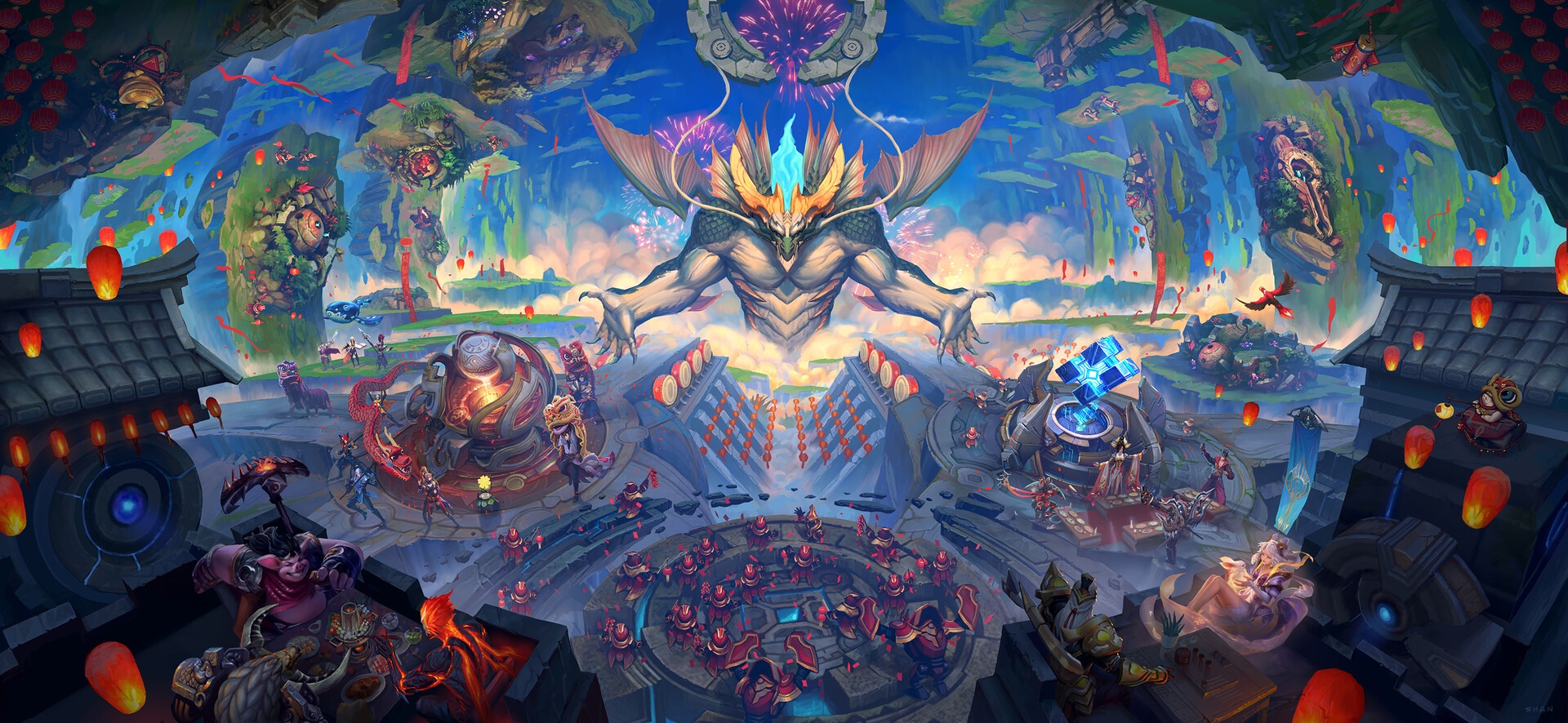 Fantasy Artwork of a Dragon and a Festival Scene HD Wallpaper