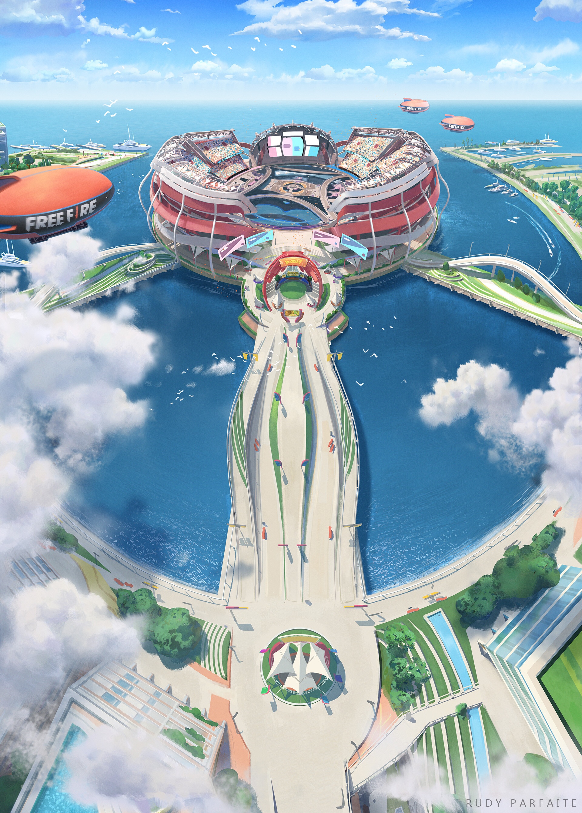 Rudy Parfaite's Digital Art of a Futuristic Stadium by the Sea HD Phone Wallpaper