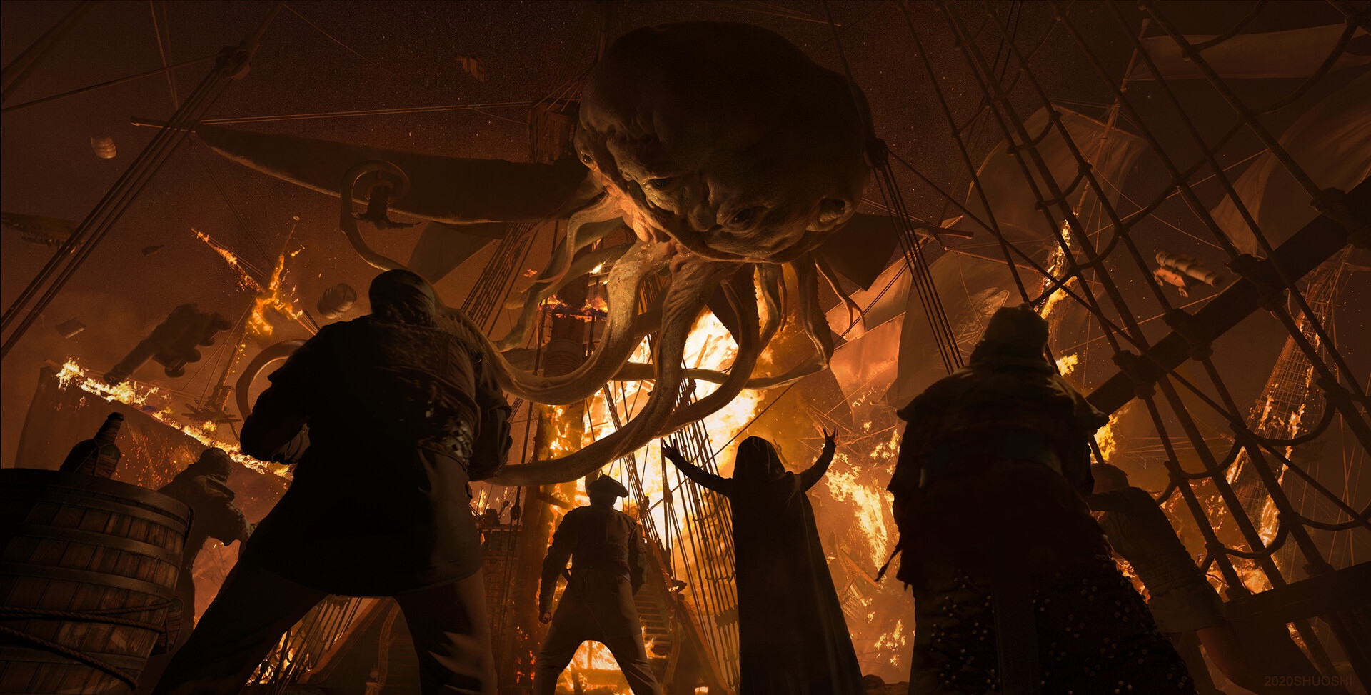 Fantasy art of a kraken attacking a burning ship HD Wallpaper