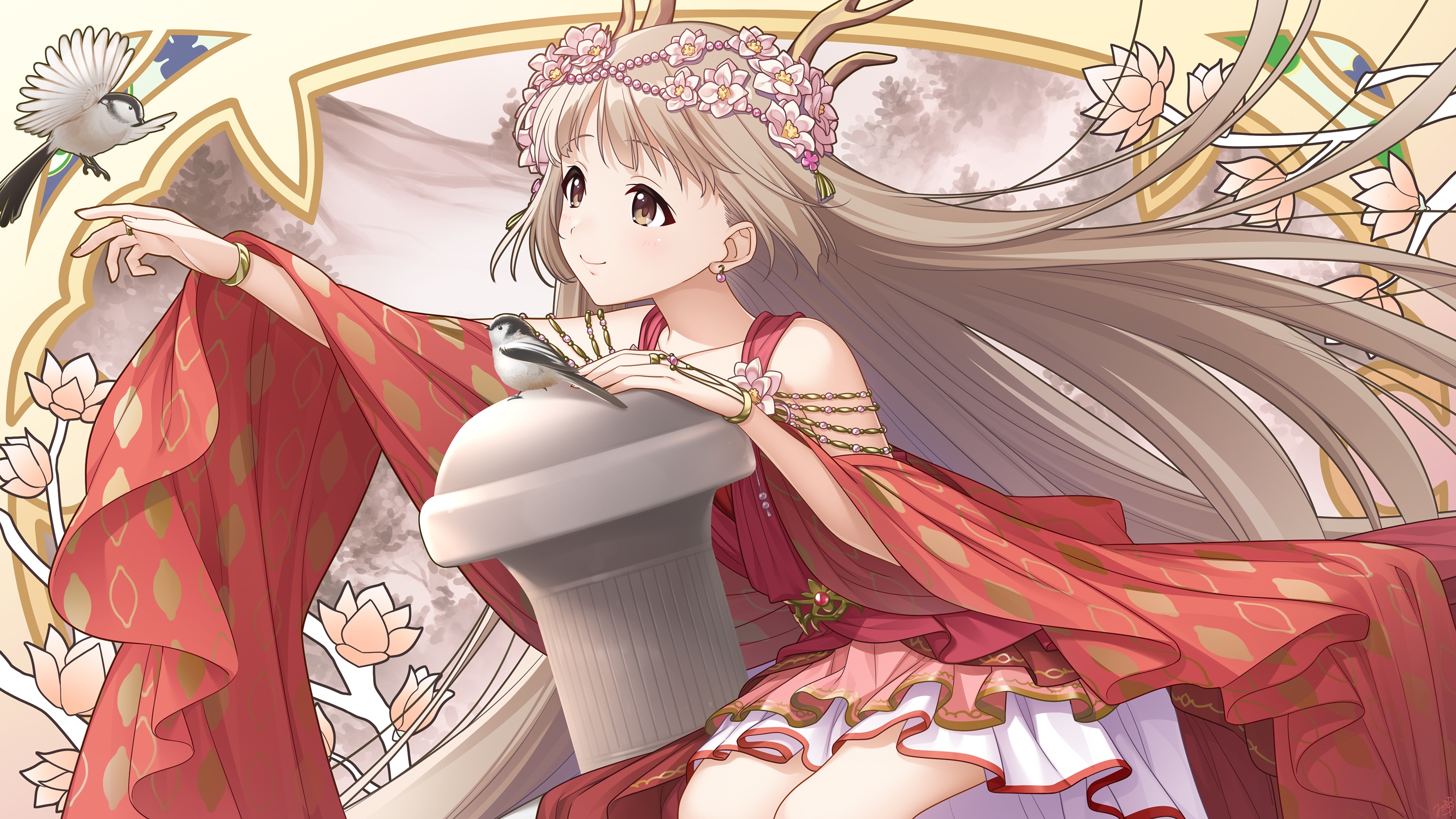 Fantasy girl with flower crown and birds HD Wallpaper
