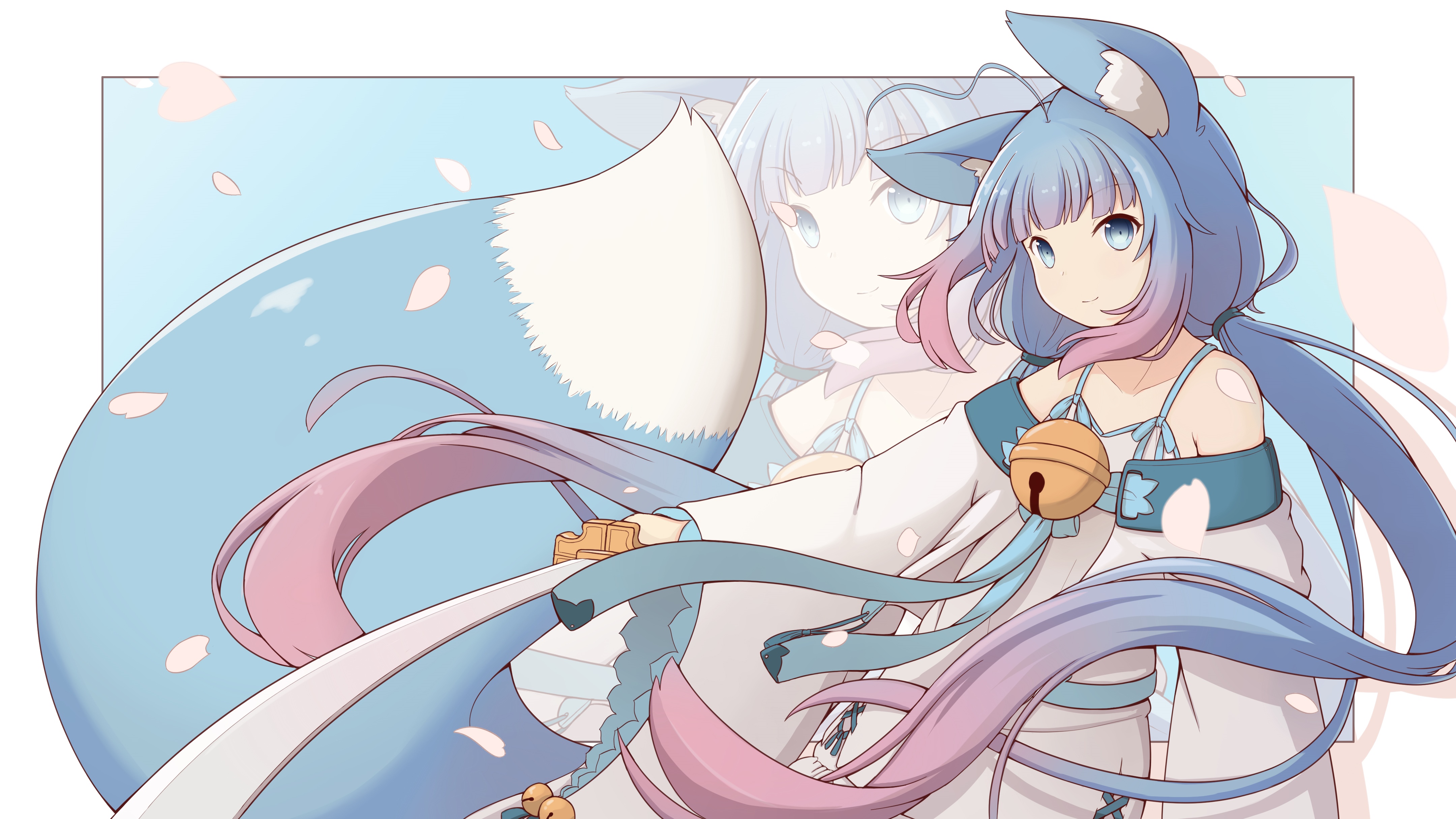 Fantasy girl with blue hair and fox tail HD Wallpaper