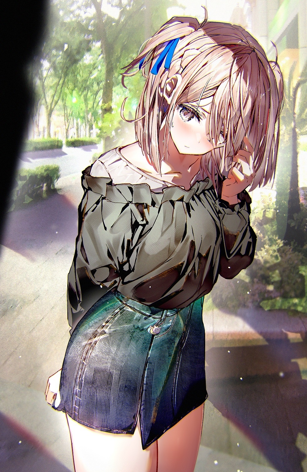Anime girl with hair in face outdoors HD Phone Wallpaper