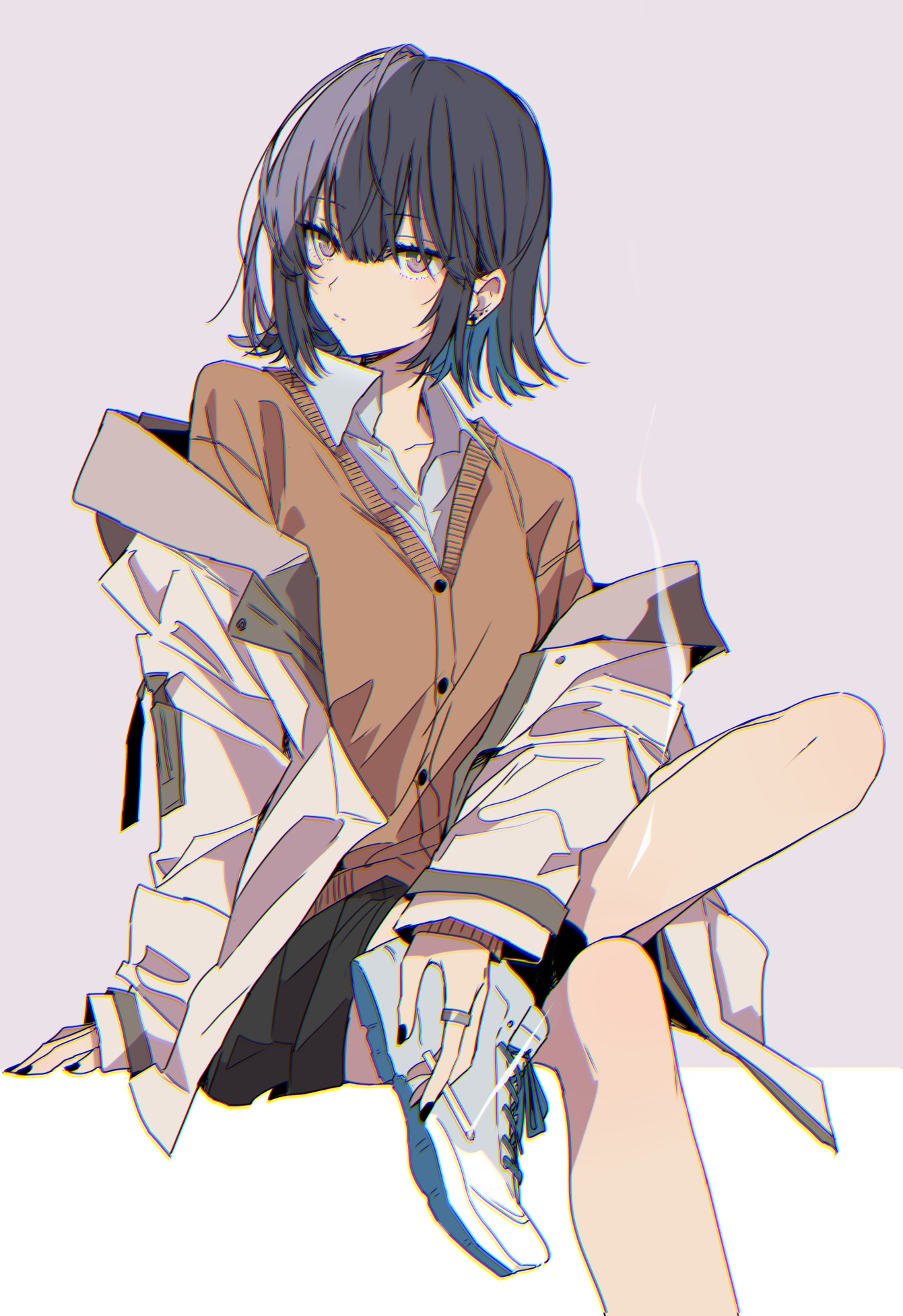 Anime girl with shoulder-length dark hair smoking HD Phone Wallpaper