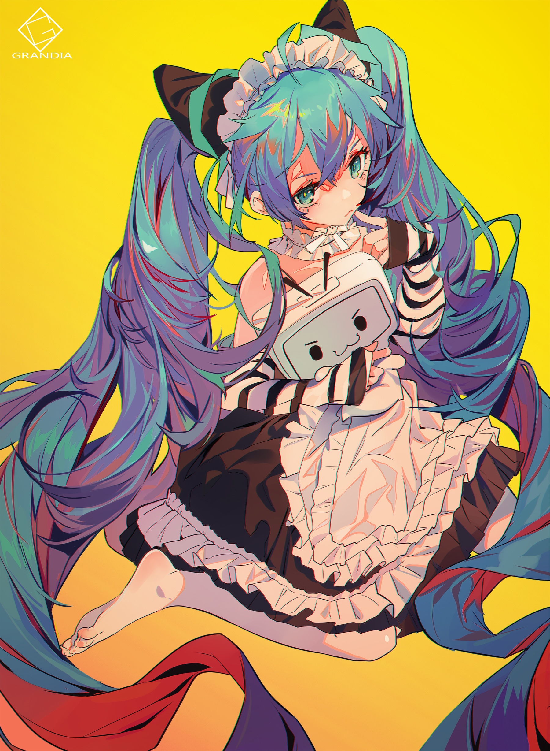 Hatsune Miku in a Maid Outfit Holding a Device HD Phone Wallpaper