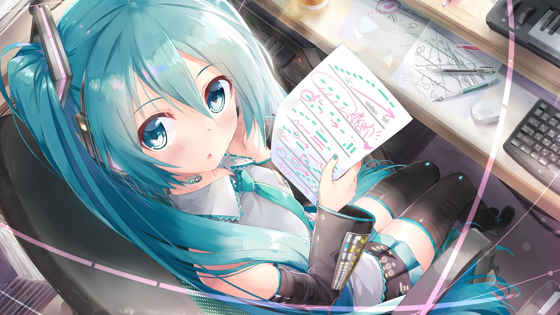 Hatsune Miku holding a paper with drawings HD Wallpaper