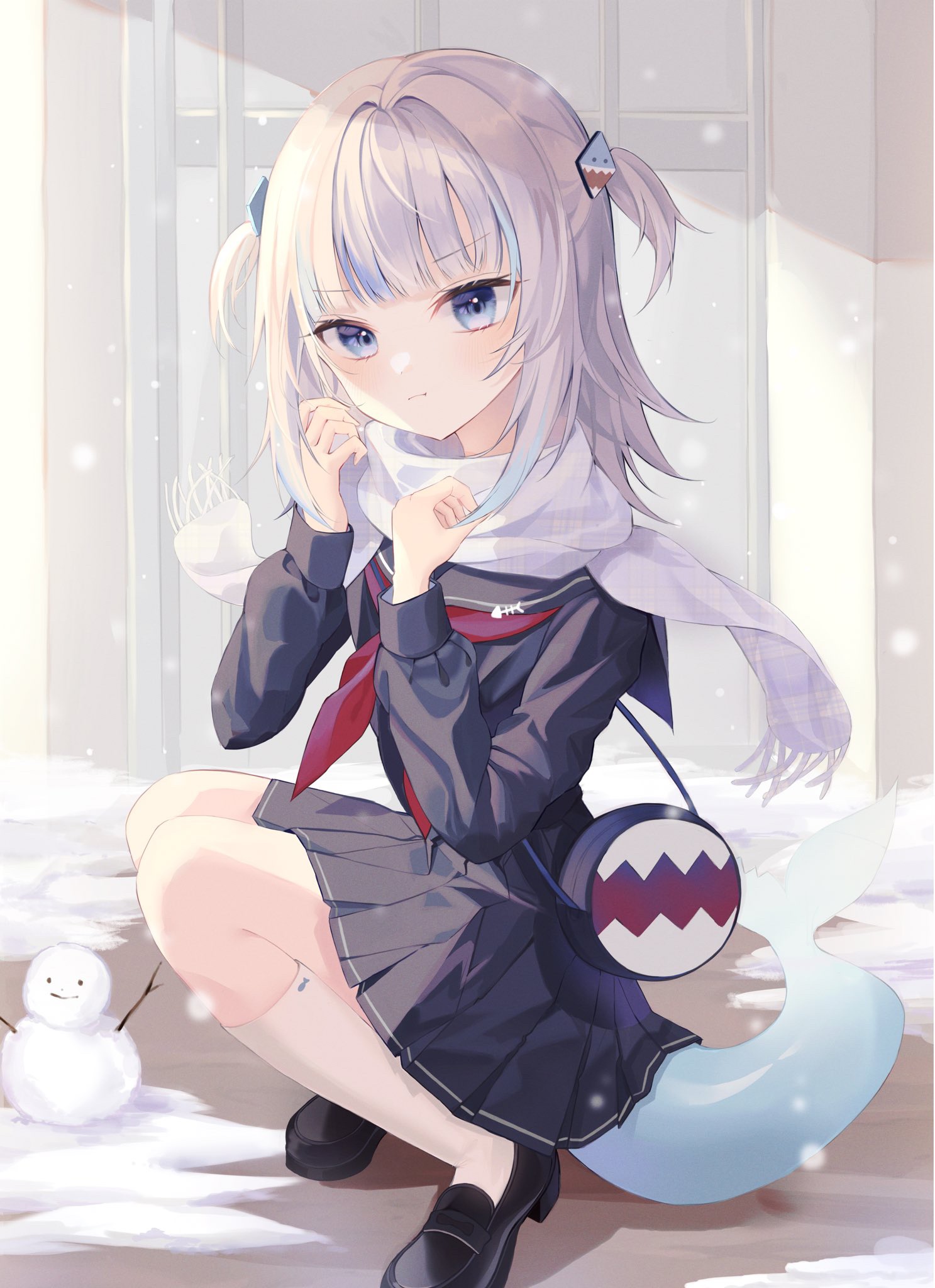 Gawr Gura in a School Uniform with a Scarf and Shark Tail HD Phone Wallpaper