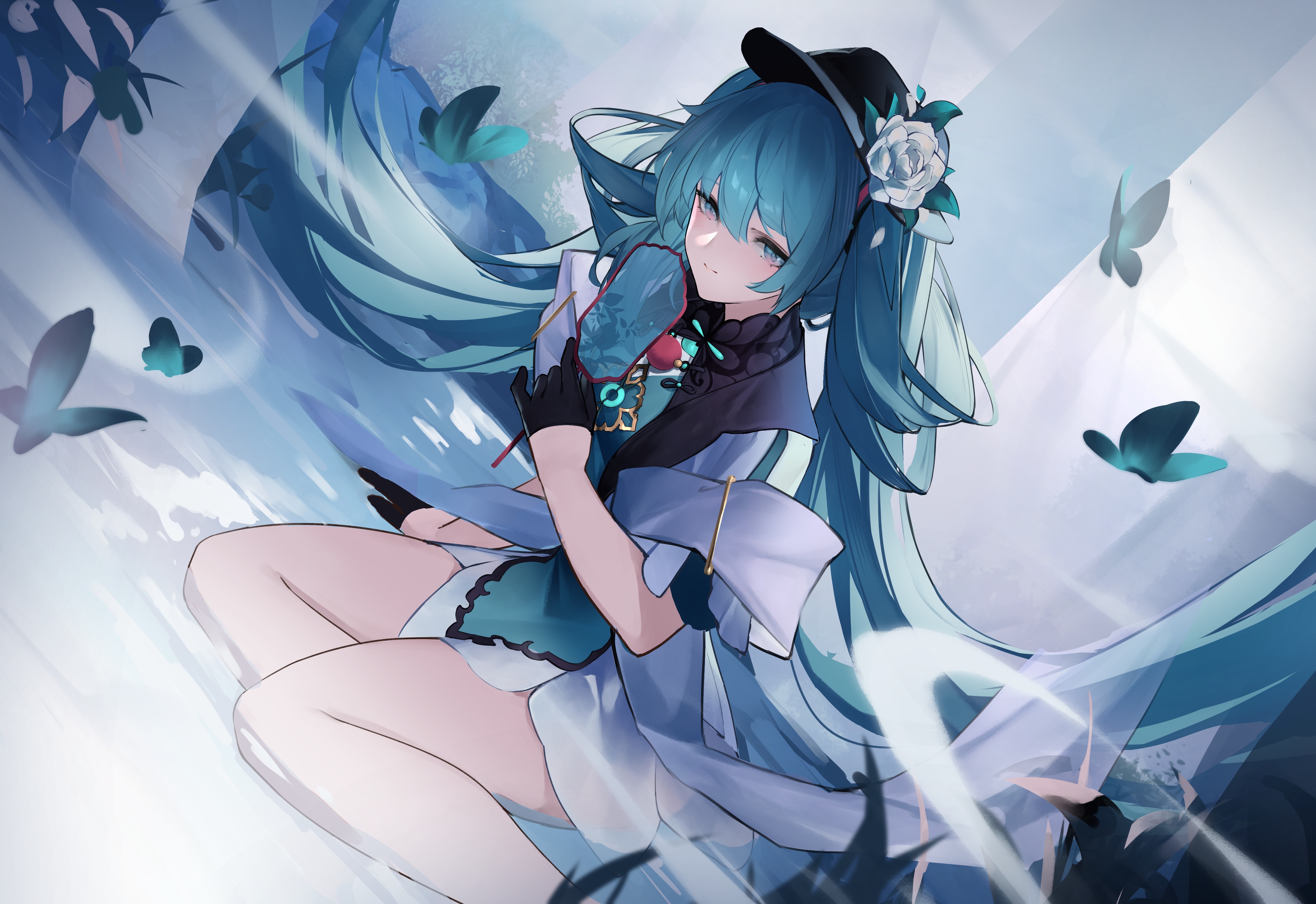 Woman with blue hair and hat holding a fan HD Wallpaper