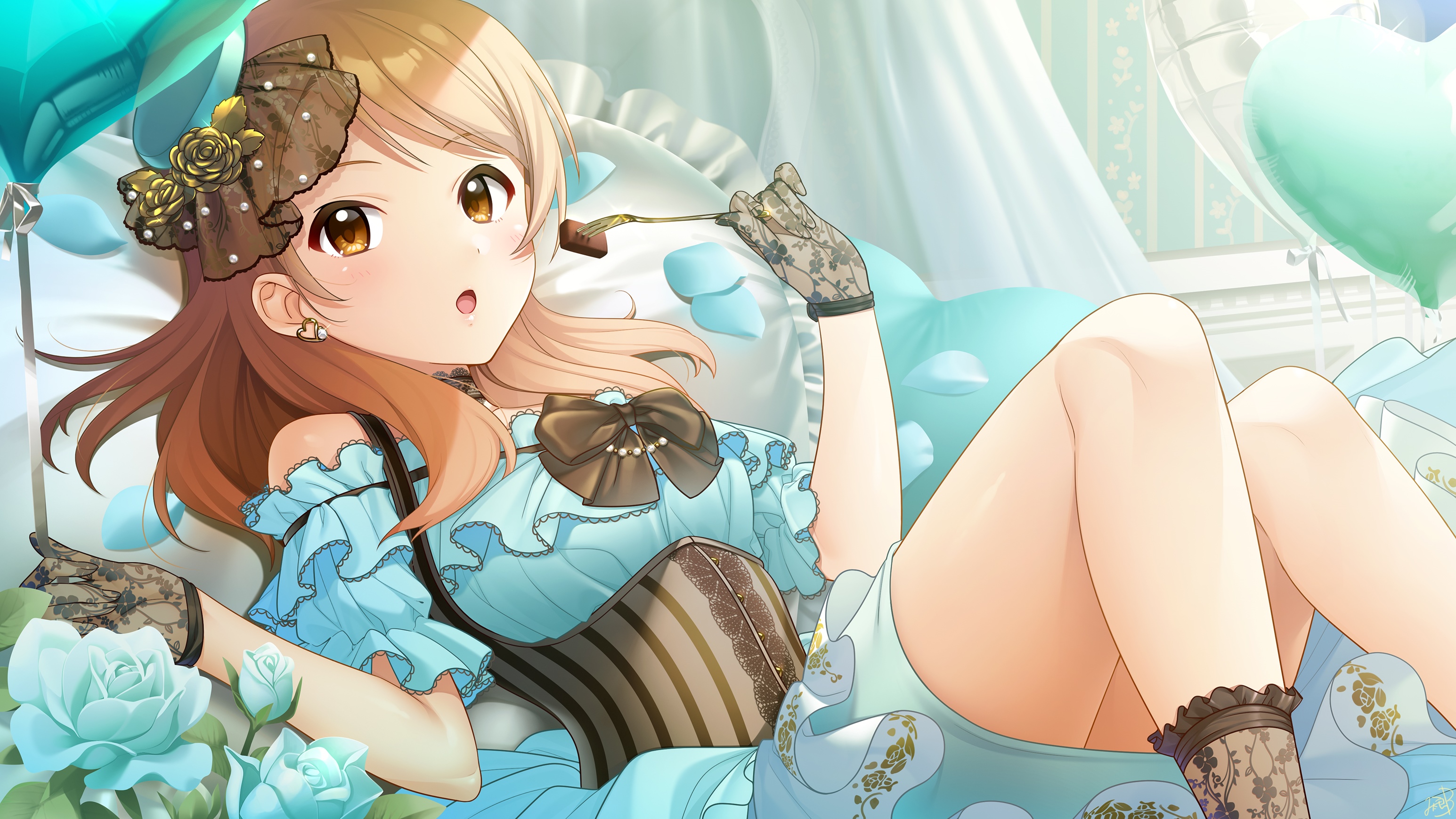 Girl in Cyan Dress Eating Chocolate with Fork HD Wallpaper