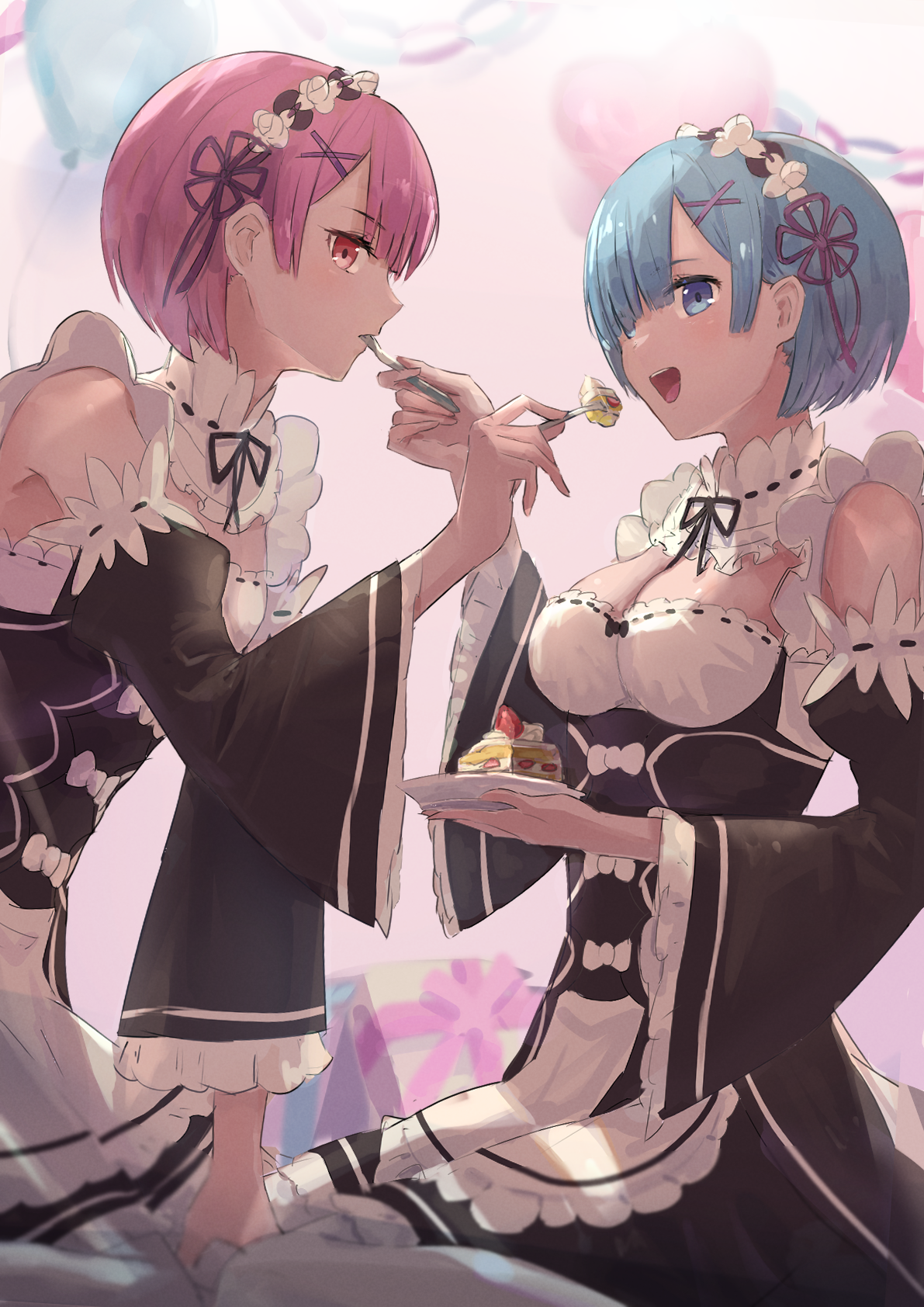 Rem and Ram from Re:Zero eating cake HD Phone Wallpaper