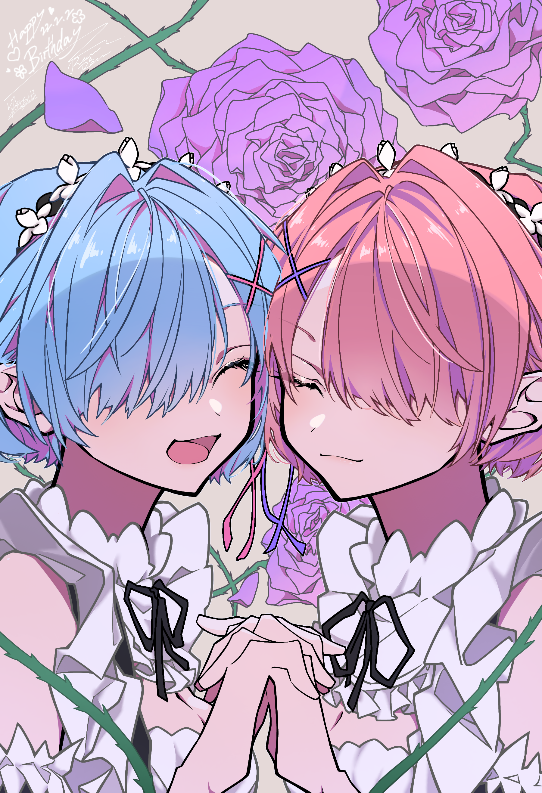 Rem and Ram from Re:Zero with Roses HD Phone Wallpaper
