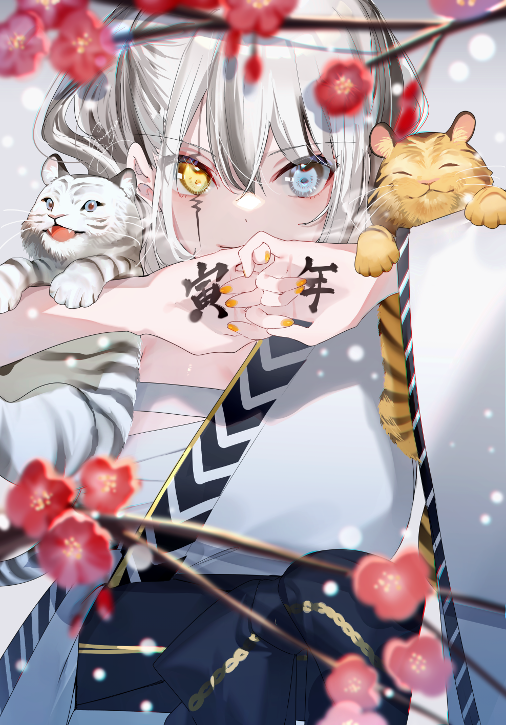 Girl with White and Orange Tigers and Cherry Blossoms HD Phone Wallpaper