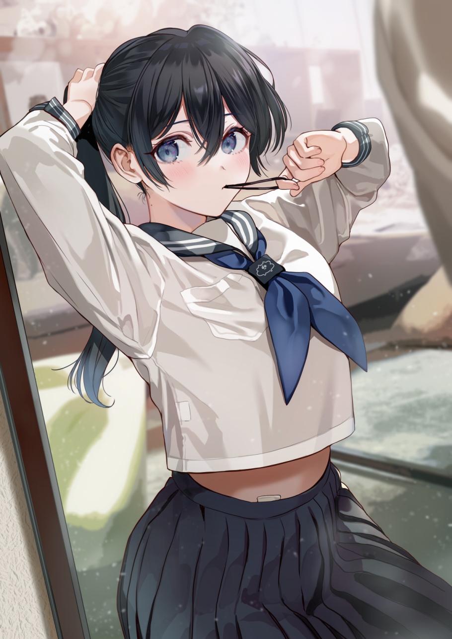 Nishizawa in a school uniform tying her hair HD Phone Wallpaper