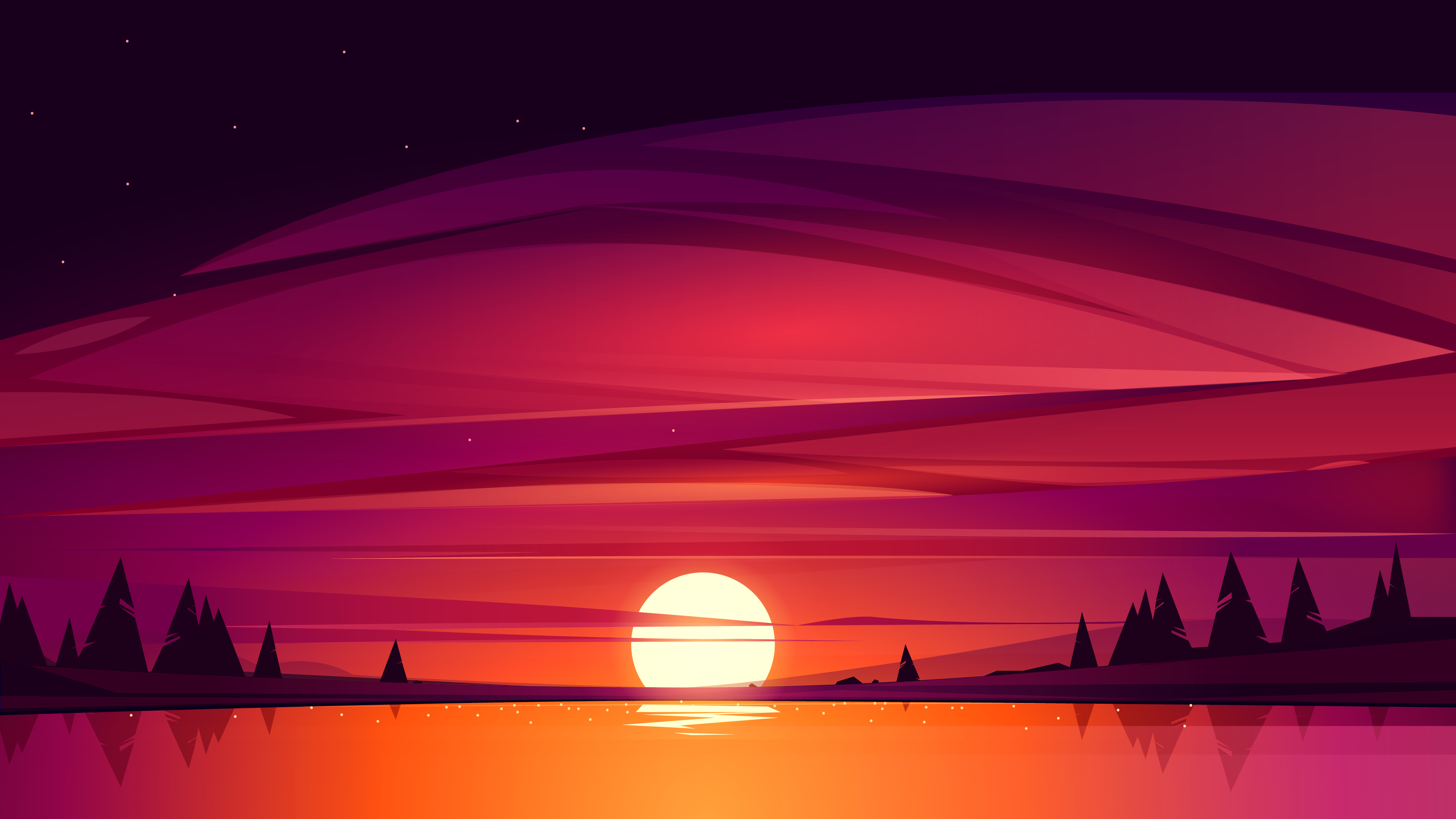 4K sunset over a lake with trees and stars HD Wallpaper