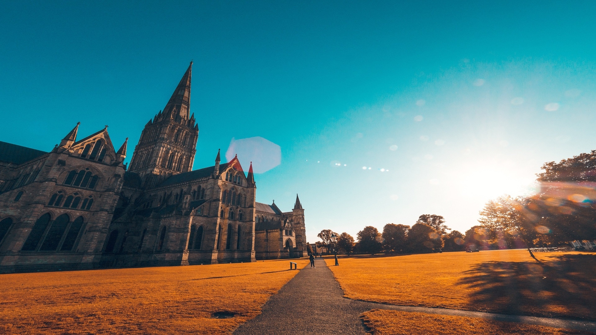 Cathedral with a path and trees under sunlight HD Wallpaper