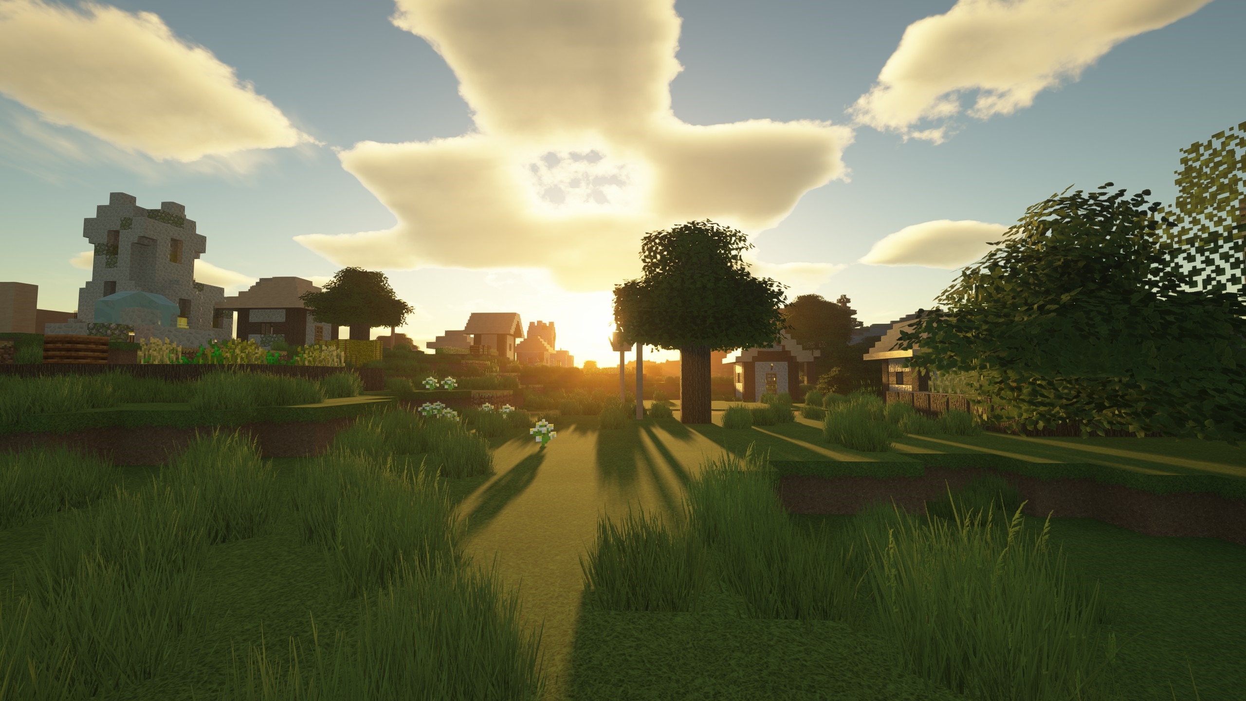 Minecraft village at sunset with clouds and grass HD Wallpaper
